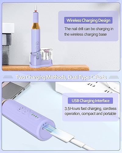 Miniatura 5 de Taladro de uñas, limas eléctricas inalámbricas para uñas de gel, kit de manicura Efile para mujeres, taladro inalámbrico recargable para uñas,