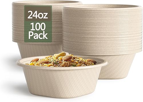 Homestockplus Tazones desechables de 24 onzas, paquete de 100 cuencos de papel desechables, cuencos biodegradables resistentes y ecológicos para