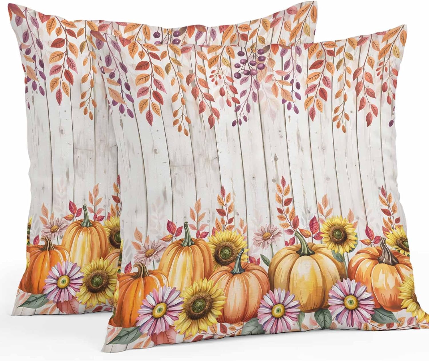 Orange Pumpkins Outdoor Waterproof Pillow Covers, Eucalyptus Leaves Sunflowers Wood Grain Decorative Square Throw Pillowcase Sofa Cushion Sham for Patio/Couch/Chair, 26"x26" 2 Pack