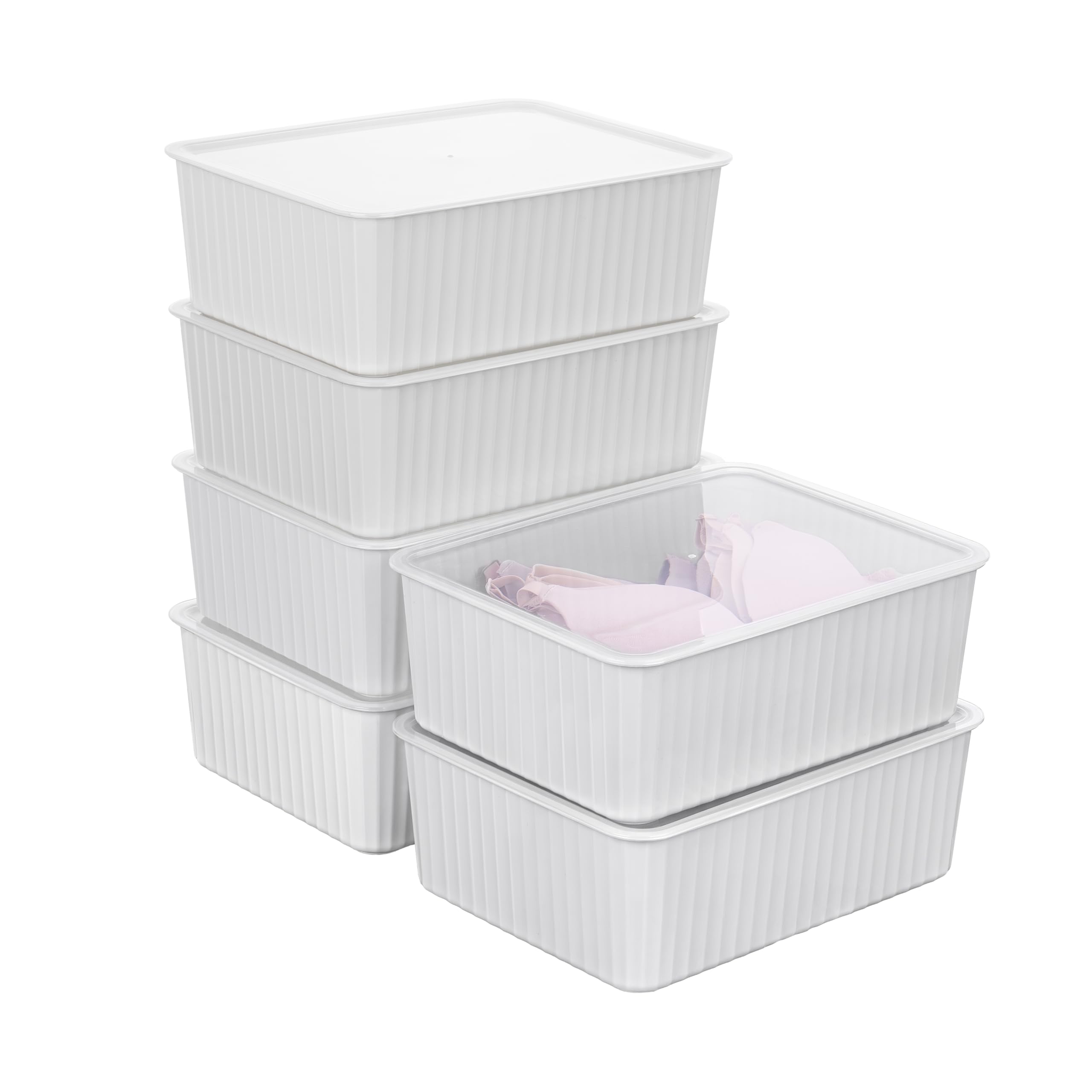 Cetomo Plastic Underwear Drawer Organizer with Lid, Lidded Storage Box for Bras, Plastic Basket for Closet and Shelf, Stackable, Gray (31 x 24 x 11 cm)