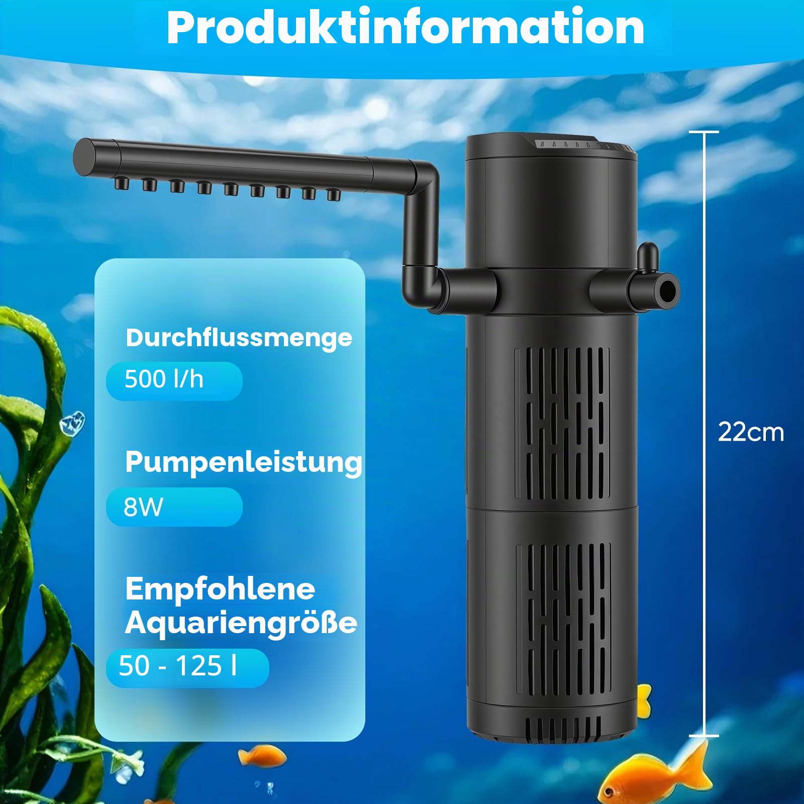 5-in-1 Aquarium Innenfilter mit UV-Sterilisator & Timer, 500 L/h leise Filterpumpe für Aquarien, Belüftung & Regendusche, Multifunktionaler Sauerstoffpumpen-Innenfilter (Geräuscharm)