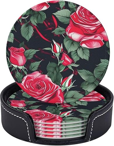 Miniatura 5 de Rose Flower Floral Leather Coasters for Drinks Set of 6 for Tabletop Protection, Elegant Home Decor & Housewarming Gift