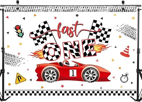 Miniatura 8 de Mocsicka Fast One - Telón de fondo de cumpleaños, auto de carreras, decoración de fiesta de primer cumpleaños, pancarta para niños y niños, mesa de