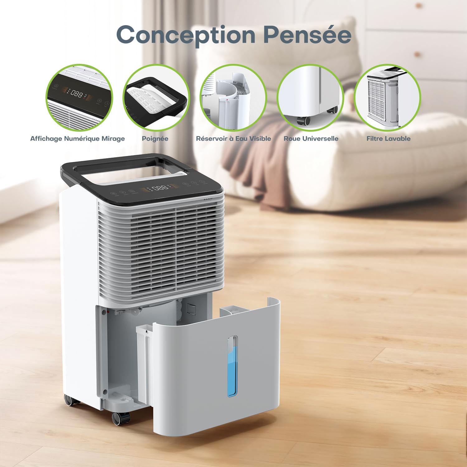 Deshumidificateur d air 16L/jour, Déshumidificateur de Chambre Ultra-silencieux, Contrôle Central Intelligent, Mode AUTO, Indicateur d'humidité, Minuterie 24H, Plus Puissant, Plus Efficace