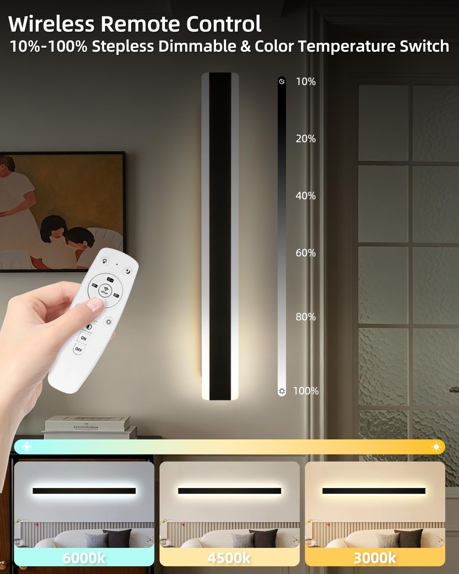 Applique da parete a LED Interno Moderni con Telecomando,120CM Luci | Dimmerabile 10%-100%,3000K-4500K-6000K,Lampada da Parete Lungo Mordern per Camera da Letto, Soggiorno,Scala,120CM/35W/Nero