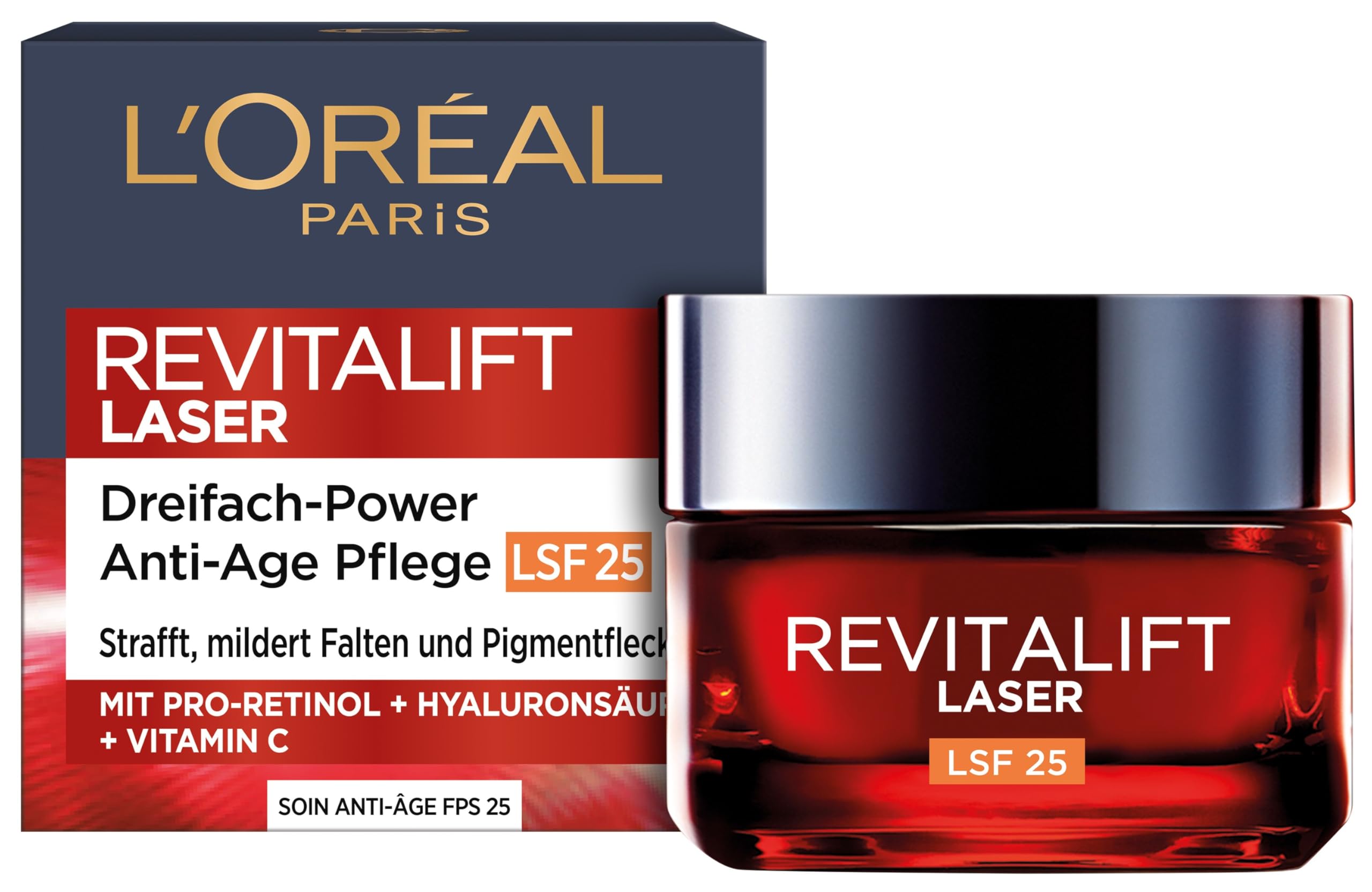 L'Oréal Paris Anti-Aging-Tagescreme LSF 25 mit Dreifachpower für Frauen: mildert Falten & strafft die Haut, mit Pro-Retinol, Hyaluronsäure und Vitamin C, RevitaLift Laser, 1x 50ml