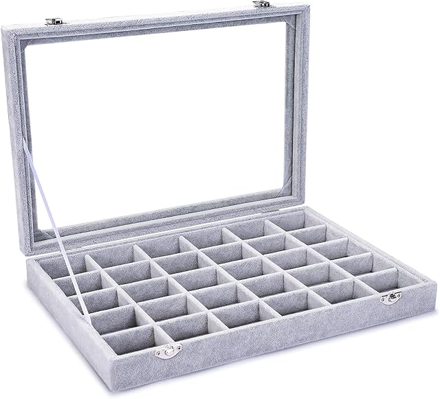 BASUWELL 30 Grids Velvet Glass Jewellery Ring Bracelet Display Organiser Case Holder Earrings Storage Box