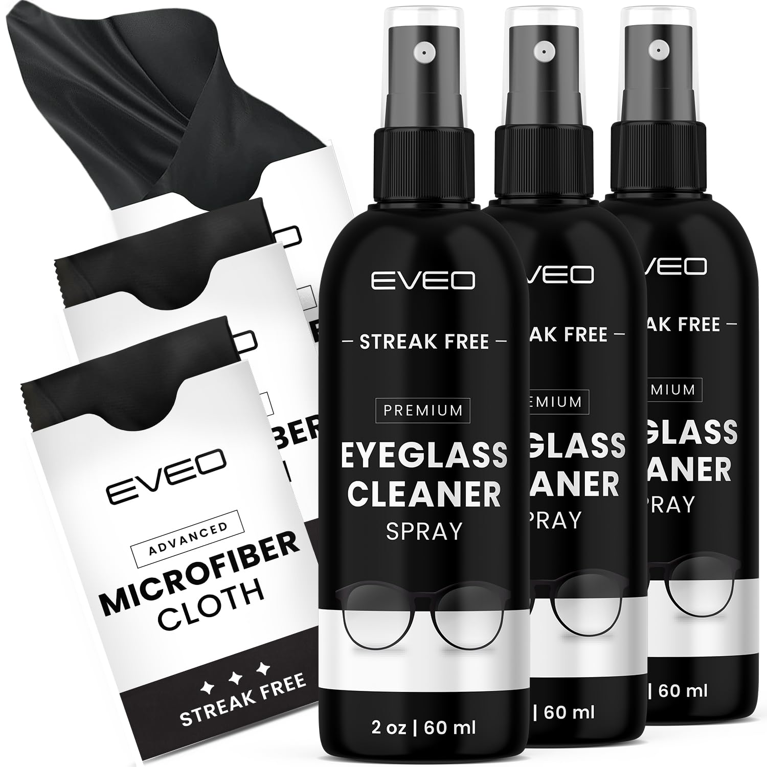 EVEO Eyeglass Cleaner Spray - No Streaks Technology with Microfiber Cleaning Cloth- Glasses Cleaning Kit - Glasses Cleaner Spray with Lens Cleaner Cloth - Screen & Eye Glasses Kit - 3 Pack