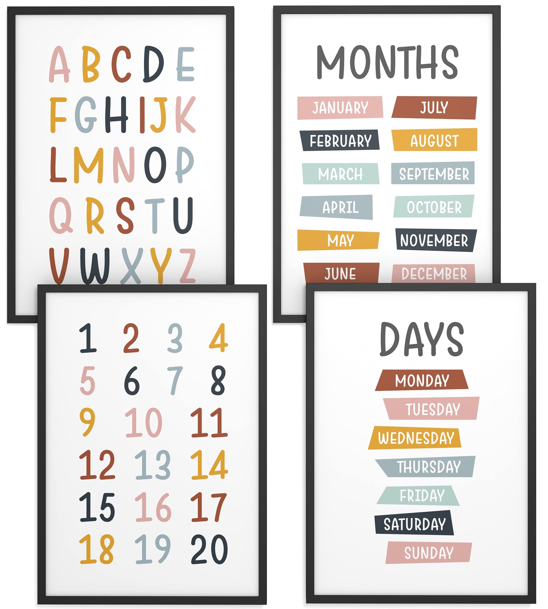 Cuadros en inglés, Set de 4, A3 enmarcado en marco de madera (negro), Regalo para niñas y niños, cuarto de los niños, letras de colores, Números, Días de la semana, meses, ABC Days Months