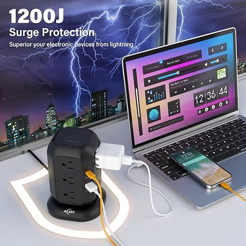 Vista 16 de AiJoy - Torre de regleta de alimentación USB C, protector de sobretensiones con 12 salidas de CA y 4 puertos USB, cable de extensión AiJoy de 10