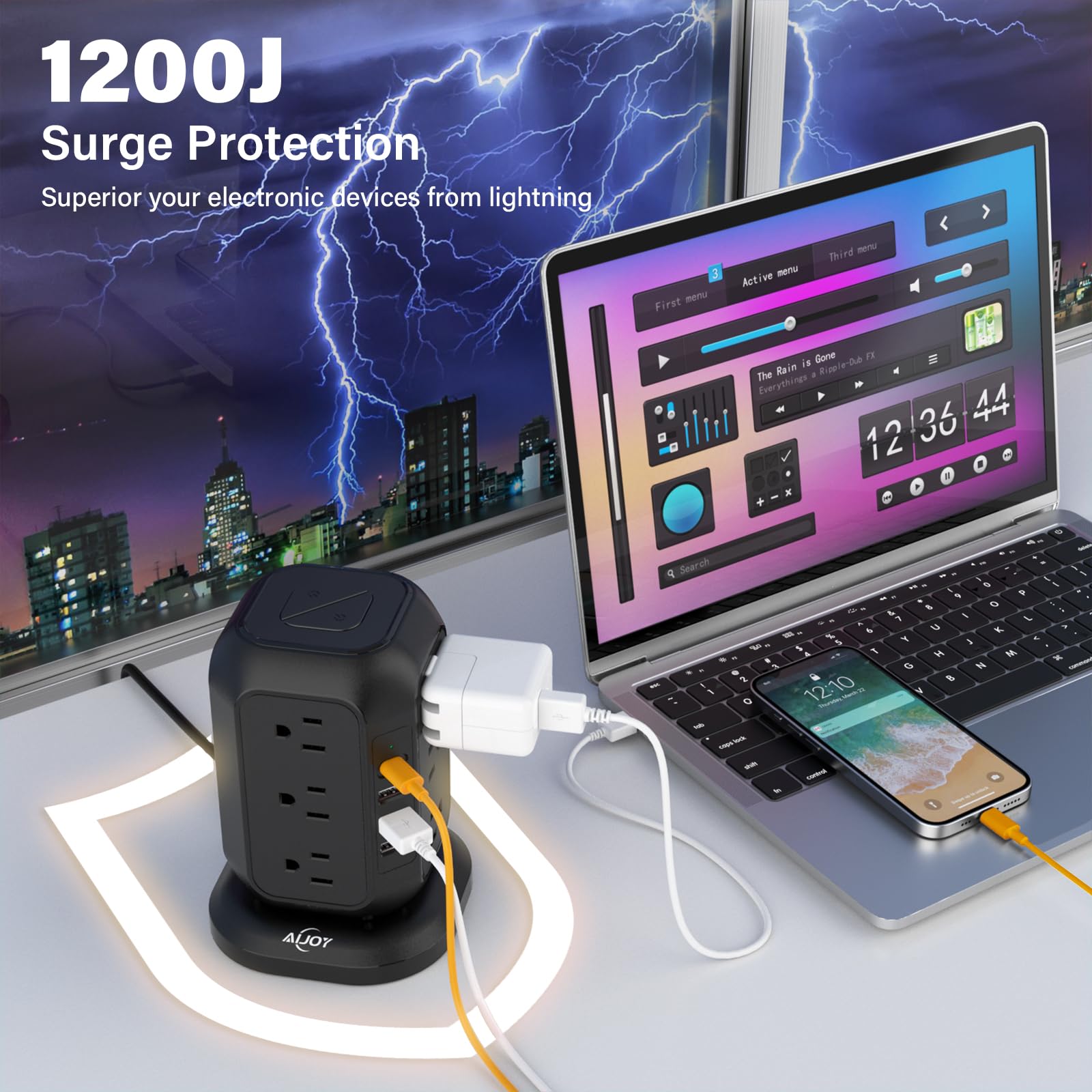 Power Strip Tower with USB Ports-AiJoy Surge Protector with 12 AC Outlet and 4 USB Ports, 10 Ft Extension Cord with Multiple Outlets, Charging Station with Overload Protection, for Home Office Dorm — Amazon image 4