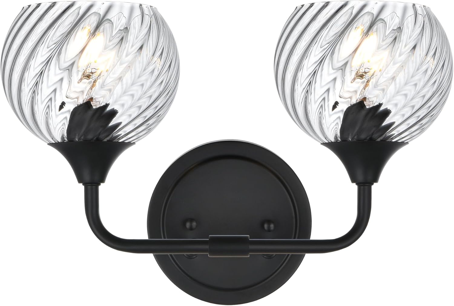 MELUCEE 15 Inch Bathroom Wall Light, 2 Light Matte Black Wall Light Fixture with Clear Striped Swirl Glass Shades, Modern Vanity Light Over Mirror for Bathroom Clear-Black 2 Lights