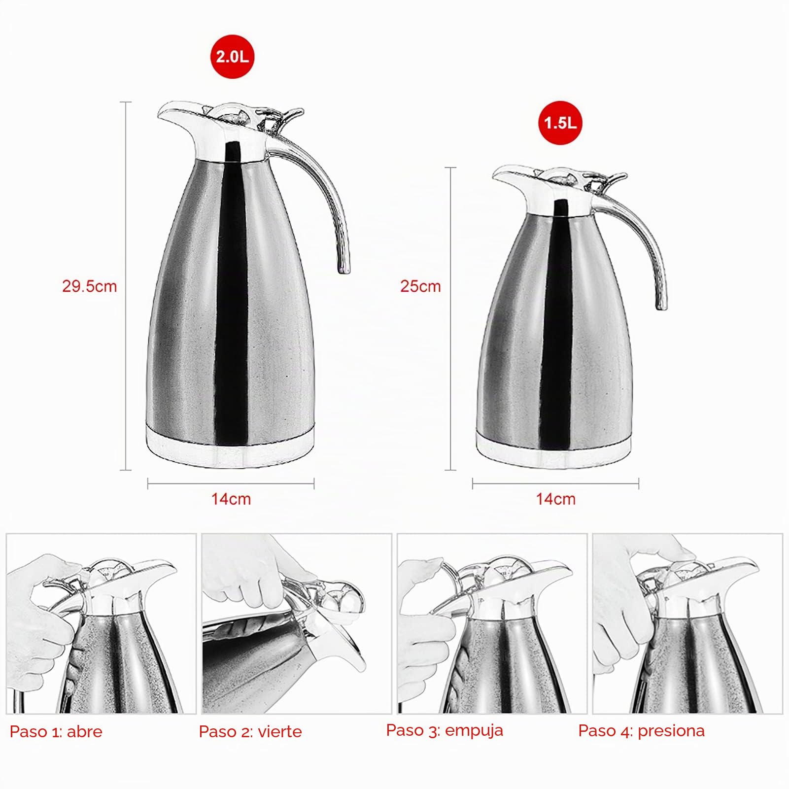 Jarra Térmica 1.5L y 2L Acero Inoxidable - Termo Aislante Doble Pared para Café/Té/Bebidas con Tapa Uniclic, Asas Antideslizantes y Base Estable (Hogar/Oficina/Exteriores)