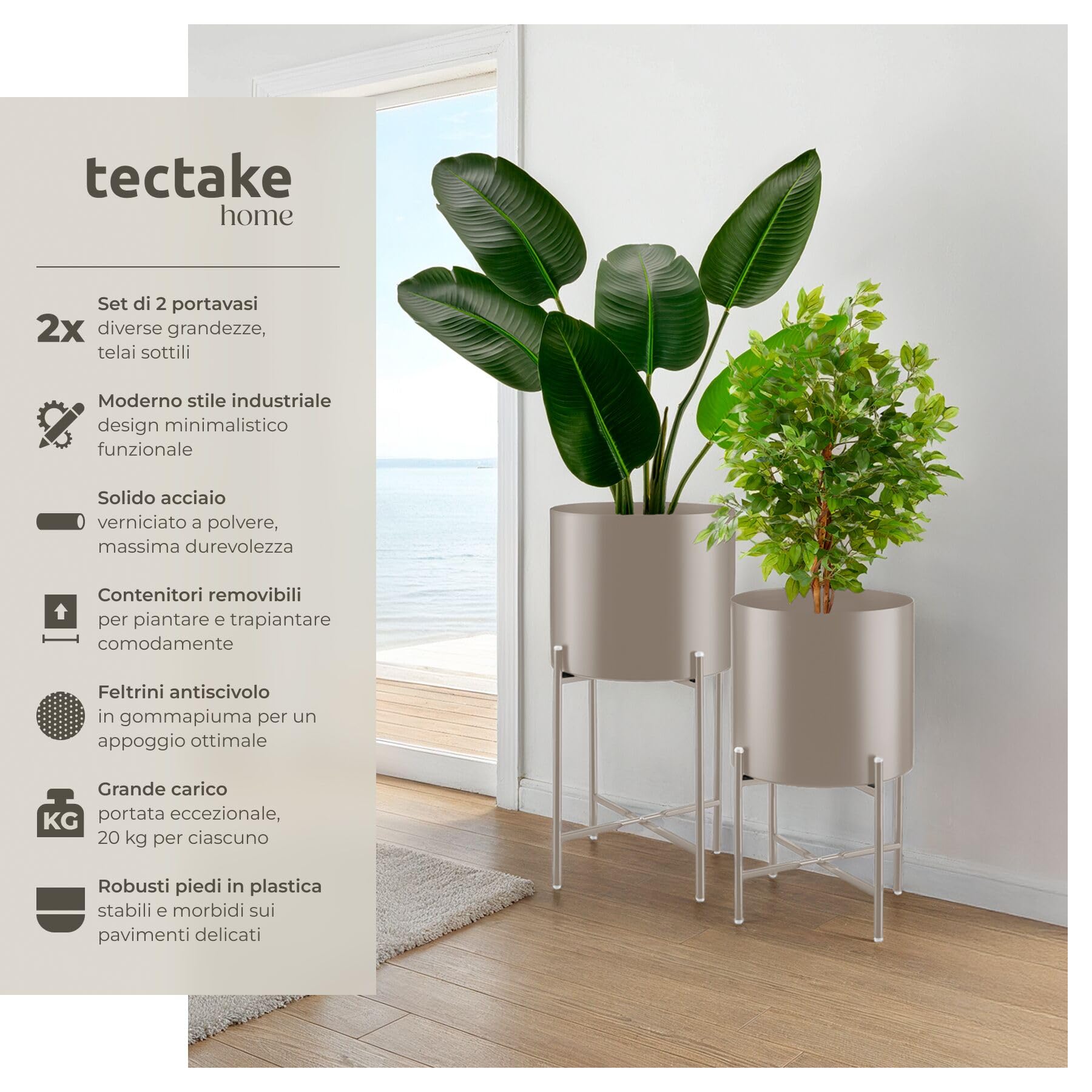 tectake® Set da 2 Portapiante, Portavasi, Supporto Piante per Esterno, Giardino, Balcone e Interno, Acciaio Verniciato, Vasi Rimovibili, Cuscinetti Antiscivolo, Arredamento casa Vaso Piante - Tortora