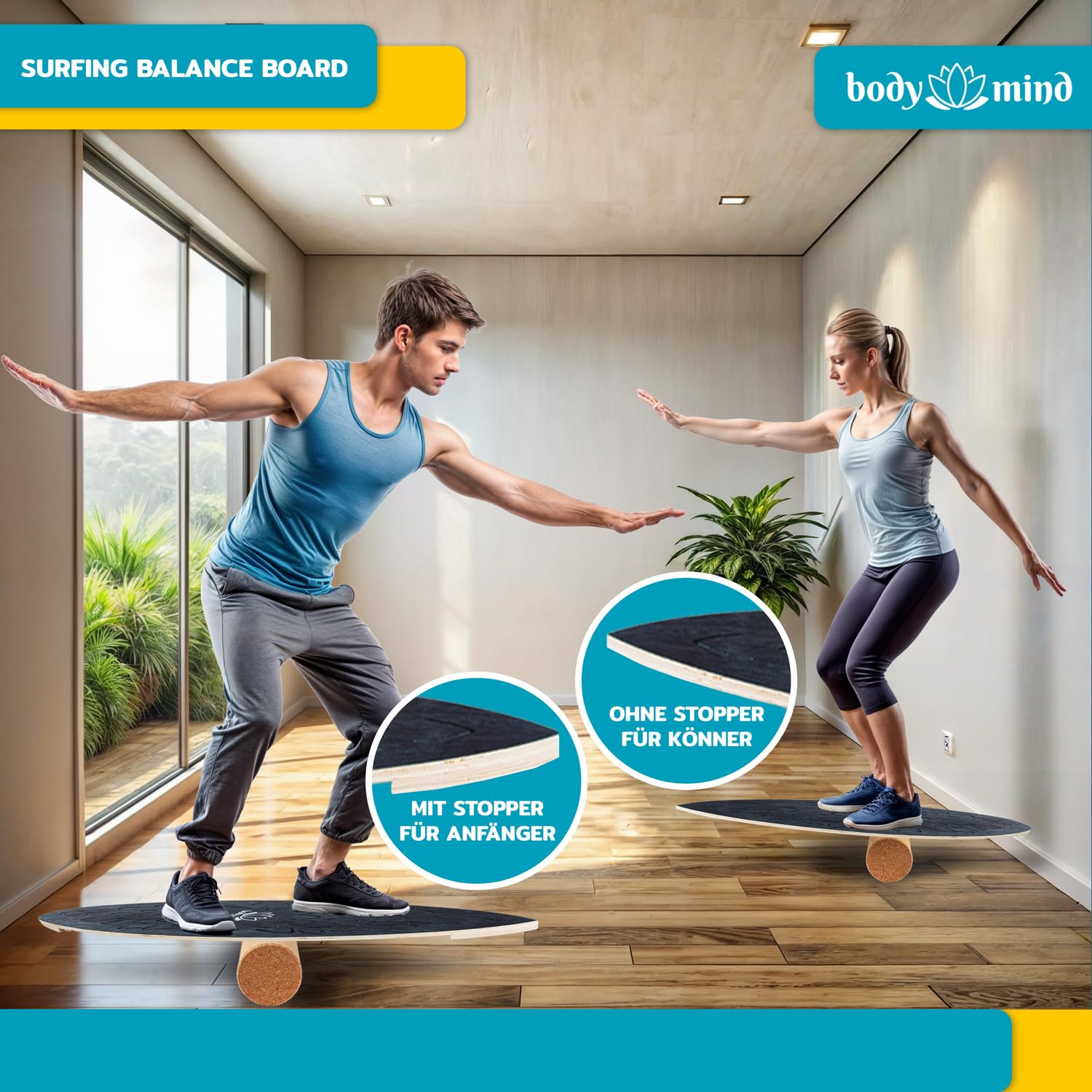 Balance-Board Surfbrett Surf Balance Wackelbrett für Physiotherapie Surf-Training; Trainiert Gleichgewicht & Koordination mit gratis E-BOOK (Dark Ocean)