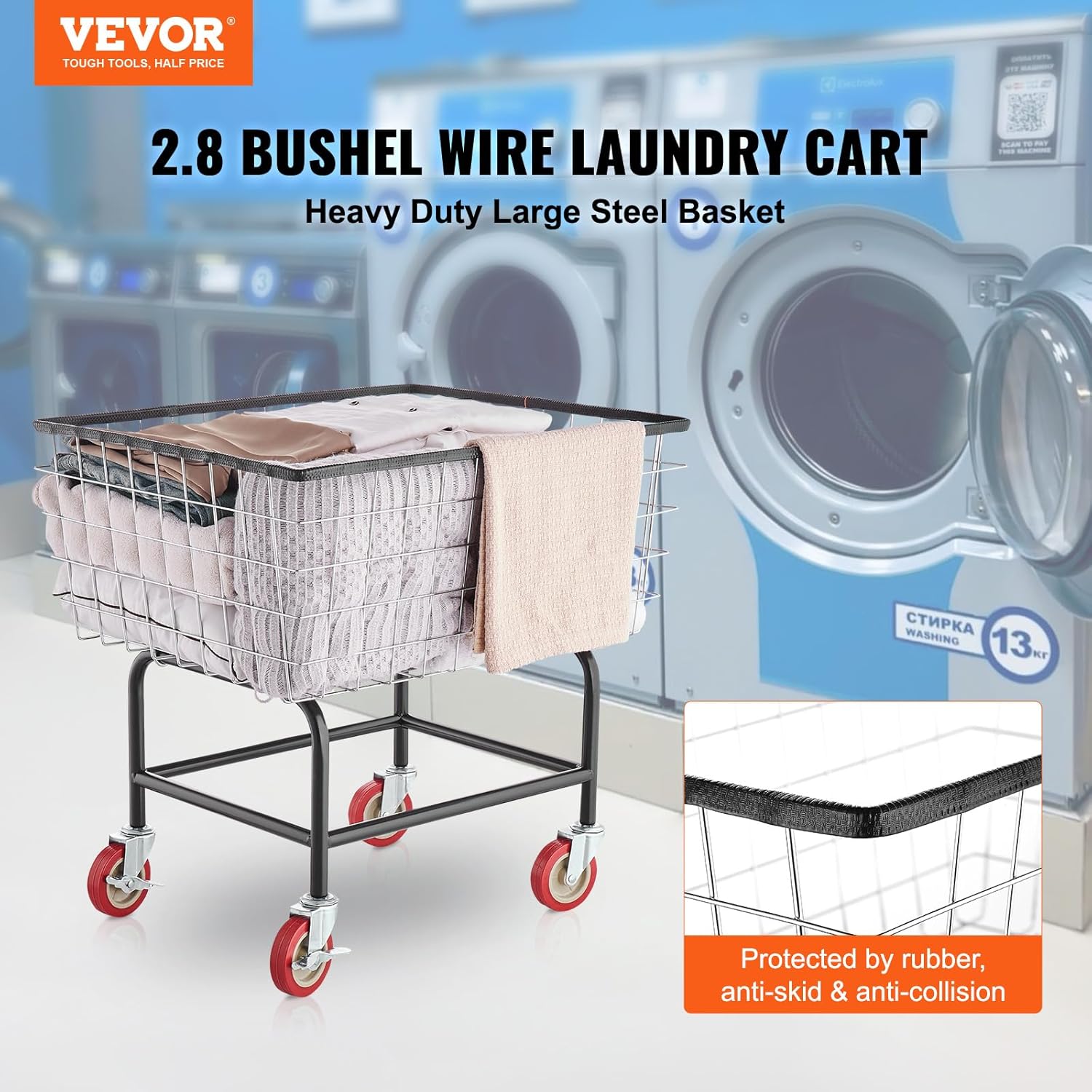 VEVOR Wire Laundry Cart, 2.8Bushel Wire Laundry Basket with Wheels, 26.7''x21.7''x26.4'' Commercial Basket Cart, Steel Frame with Chrome Finish, 4" Casters