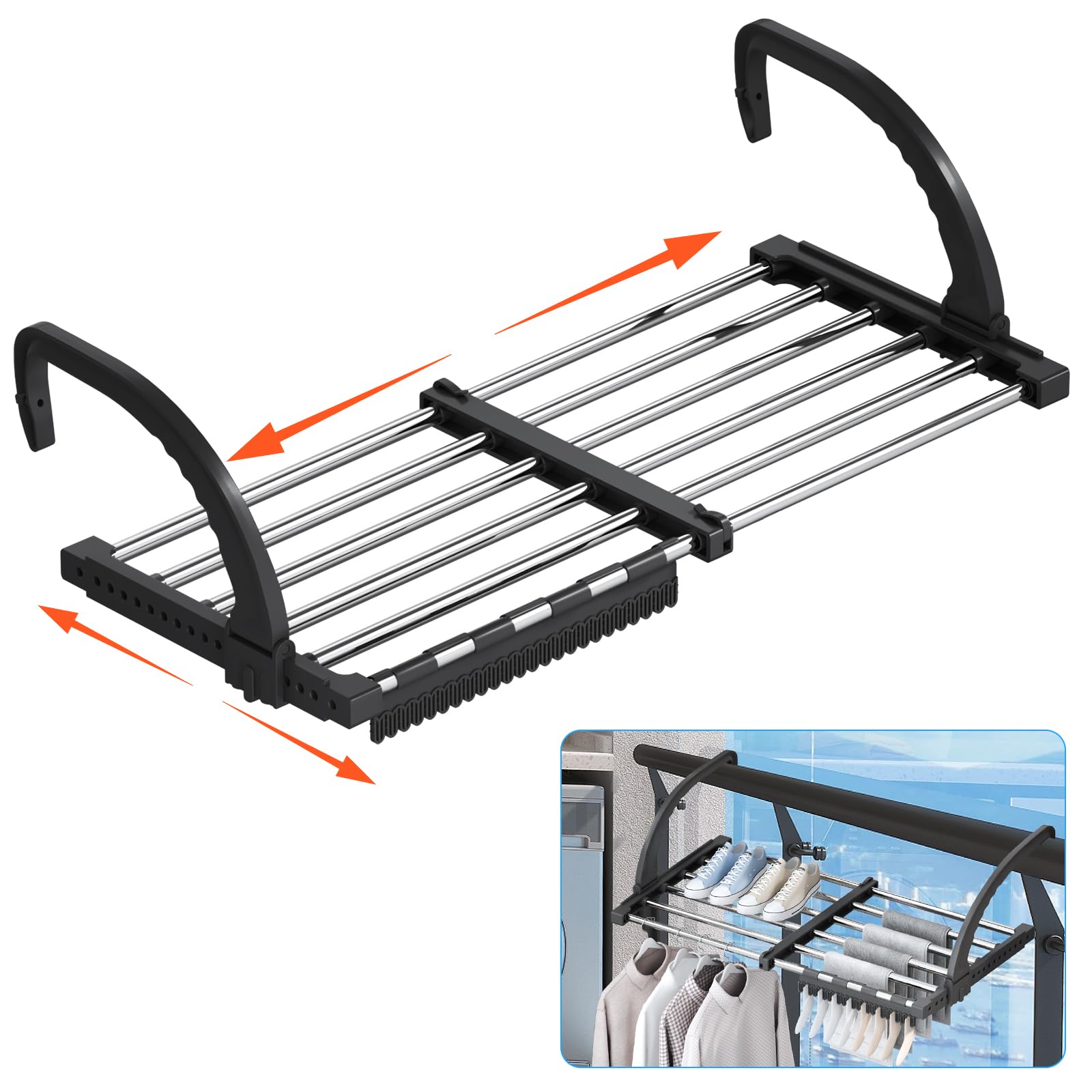 Feelhap Tendedero Balcón Barandilla, Tendedero de balcón Tendedero Extensible 42-73cm, Tendederos para Balcón de Acero Inoxidable Tendedero Radiador Retráctil Tendedero de Ropa Extensible, Negro