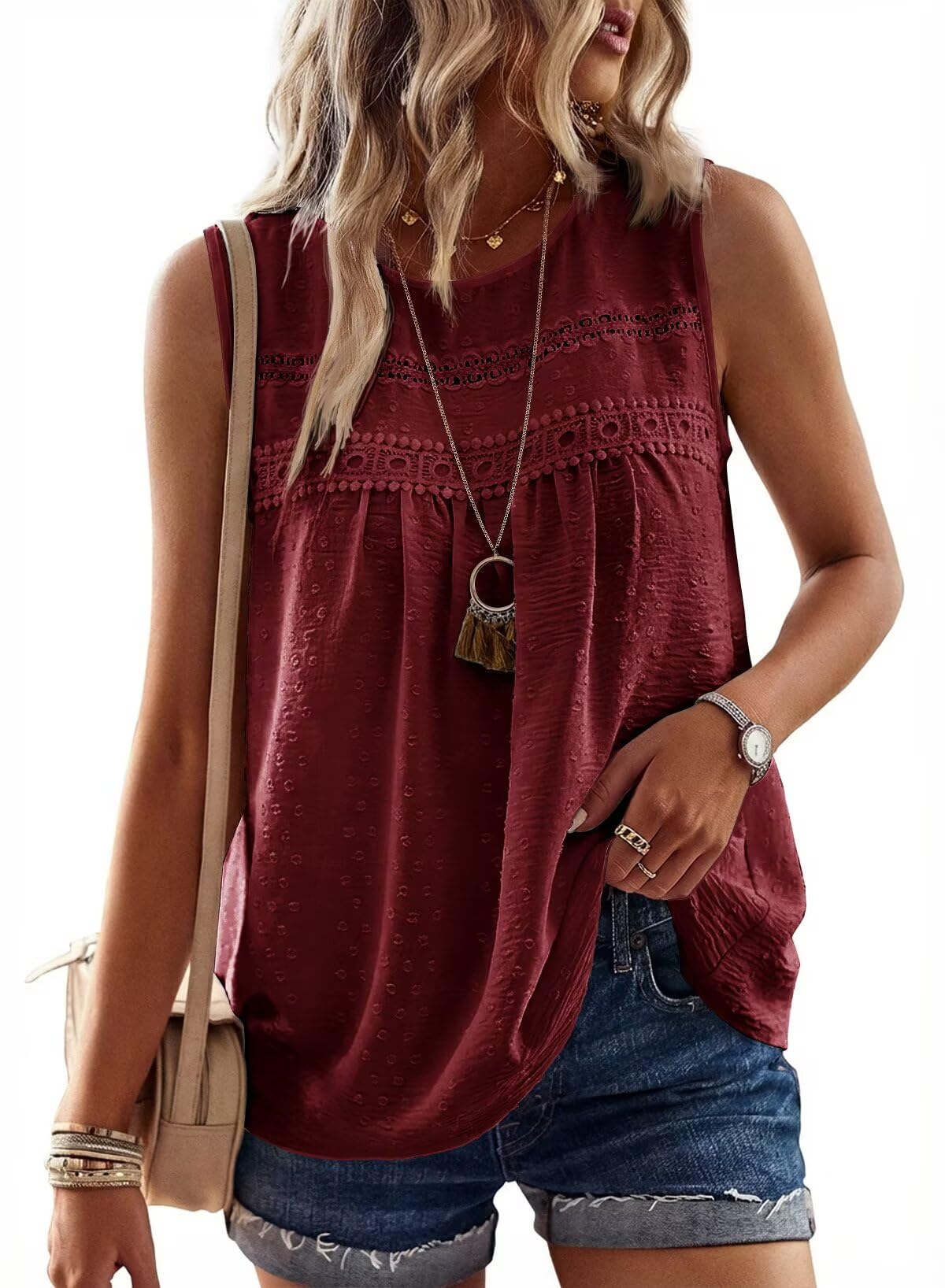 Falechay Tank Tops for Women Flowy Boho Cute Swiss Dots Sleeveless Shirts | Crewneck Loose Fit Summer Blouses, Daily Casual, Hide Belly Fat, Cute Lace Hem Ladies Tunic, Babydoll Crochet Trendy Clothes