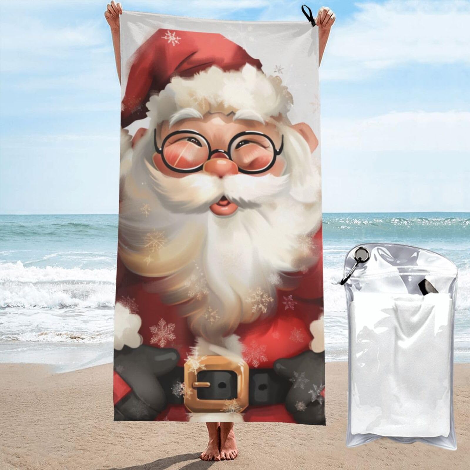 BWWHCCTI Cute Santa Claus Printed Microfiber Quick Dry Beach Towel 80x160 CM, Fast Drying Bath Towels with Bags for Travel,Camping,Gym,Beach,Swimming,Yoga
