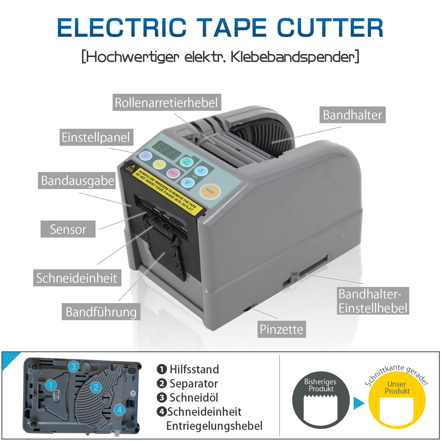 Kurflo Automatischer Klebebandspender, Elektrischer Klebebandabroller für Bandbreite 6-60mm, Länge 999mm, Bandspender, Elektrischer Bandschneider, Bandschneidemaschine für Büro, Schule und Laden