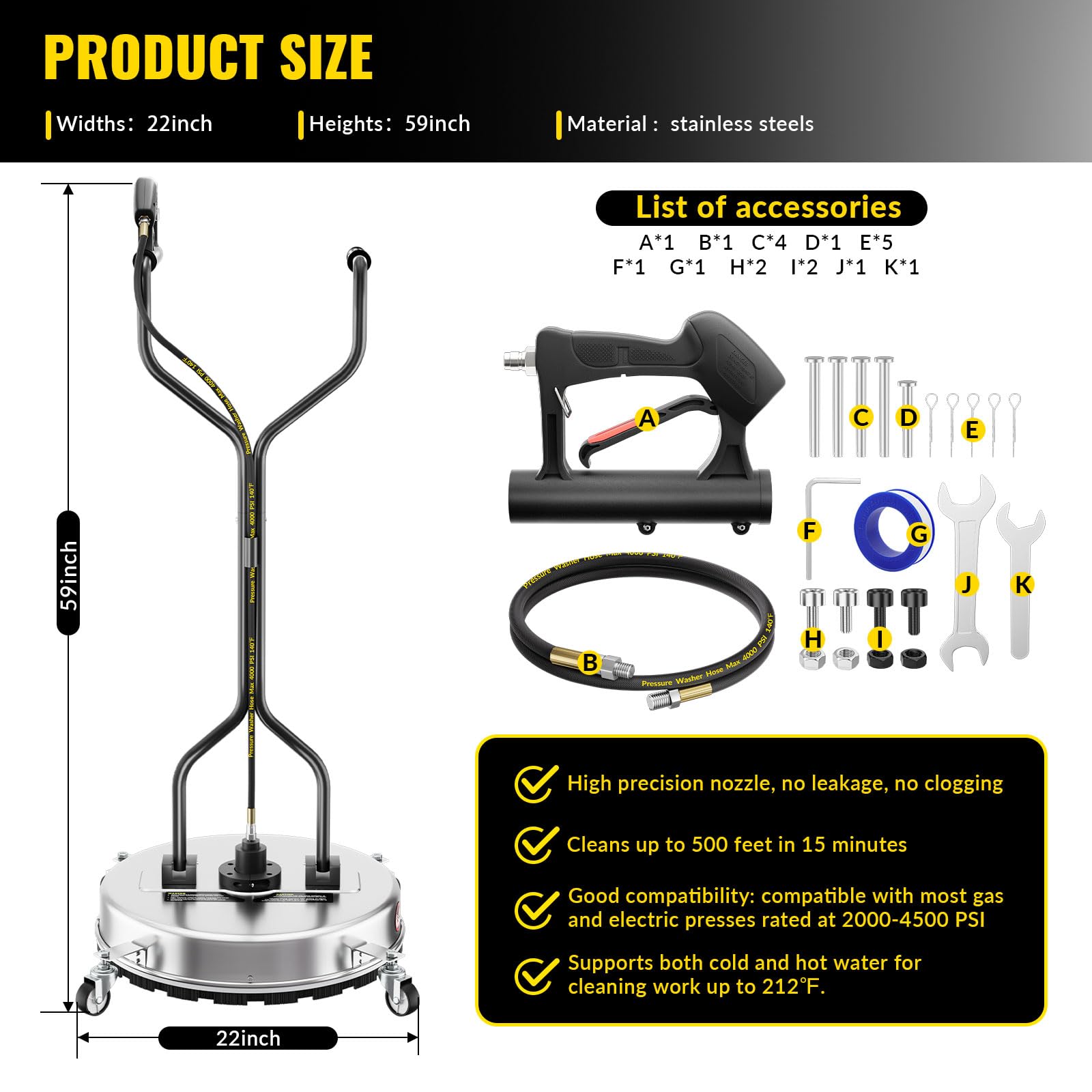 Limpiador de superficies de lavado a presión de 22 pulgadas con 4 ruedas, mango doble, carcasa de acero inoxidable, accesorio de lavadora eléctrica de 4500 PSI para hormigón, patio, acera, cubierta,