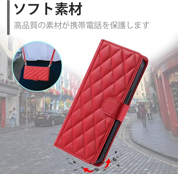 FOR Galaxy A25 5G SC-53F SCG33 ケース galaxy a25 5g ケース 手帳型 おしゃれ ストラップ付き スタンド機能 カード収納 軽量 薄型 耐衝撃 高級PUレザー 滑り防止 財布型 内蔵マグネット 開閉式 チェック柄 上質 耐摩擦 マグネット式 肩掛け 斜め掛けーレッド - 2