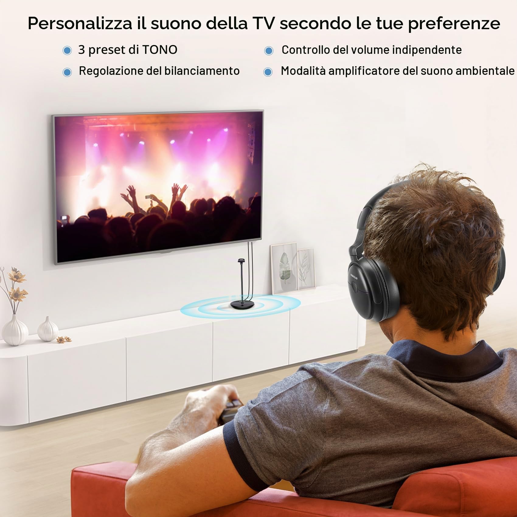 SIMOLIO Cuffie Wireless per TV con Dialogo Chiaro, Cuffie Bluetooth per TV Senza Fili con Batteria di Ricambio, Comodo da Usare per gli Anziani, by-Pass, Trasmettitore Supporto di Ricarica 2 in 1