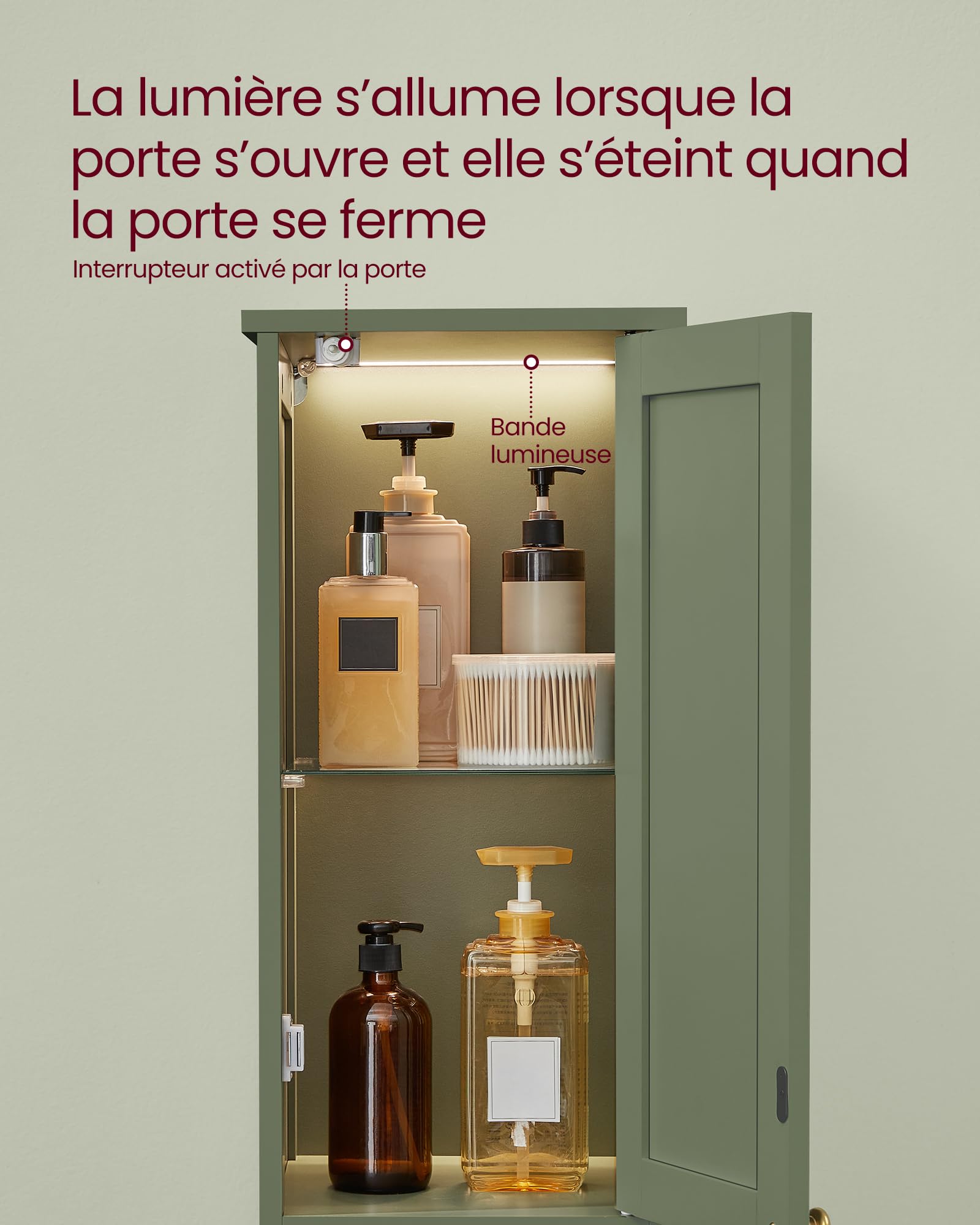 VASAGLE Armoire de Salle de Bain Haute avec Éclairage, Meuble de Rangement Mince, avec Étagères Réglables, Largeur 40 cm, pour Les Petits Espaces, Moderne, Vert Forêt BBC766CH03