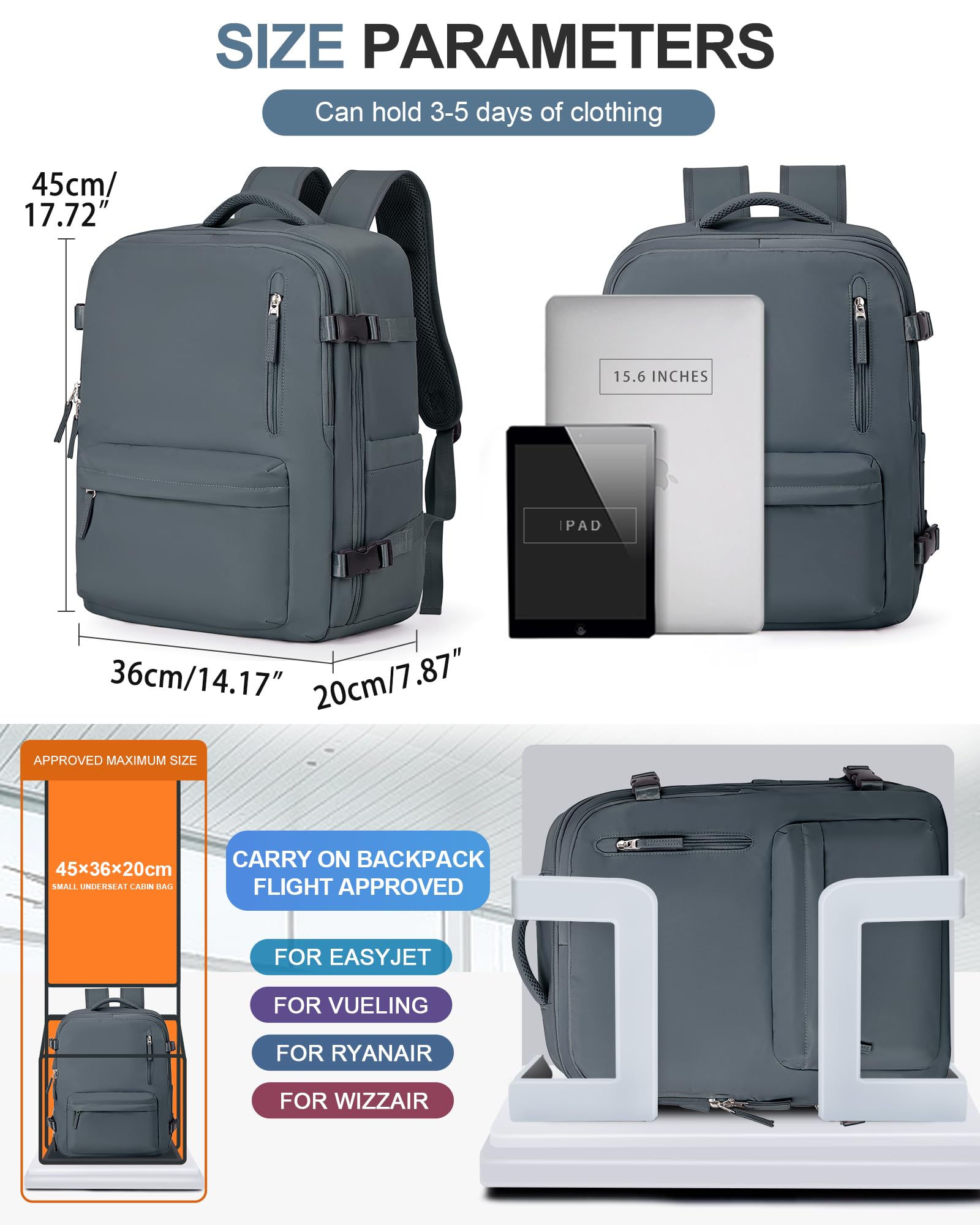 BJLFS Borse da Cabina per Ryanair 40×20×25 Bagaglio a Mano Easyjet 45×36×20 Borsa Zaino da Viaggio, Zaino da trekking,Zaino Casual per laptop da 14 pollici per scuola