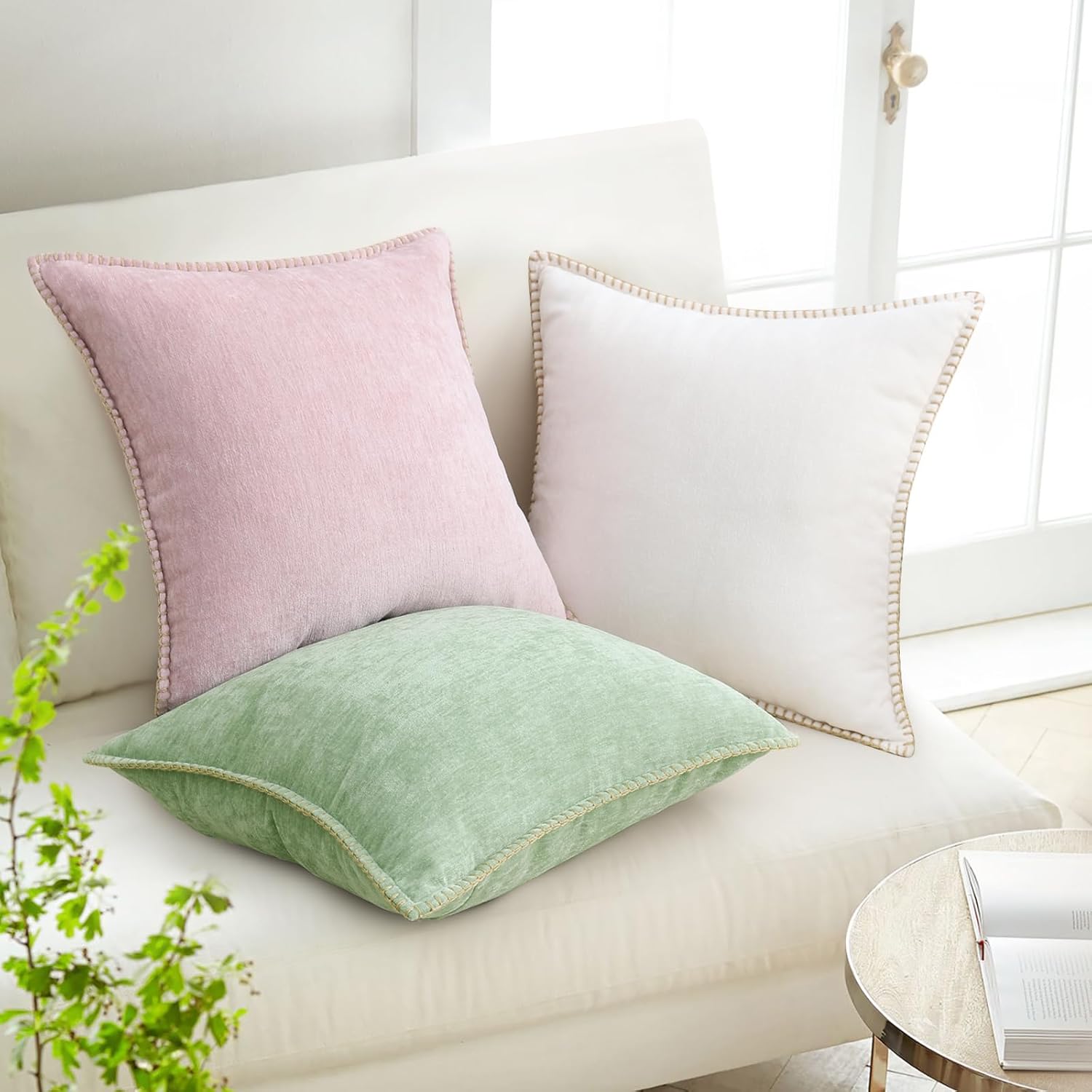 decorUhome Spring Chenille Soft Cozy Throw Pillow Covers 18x18 Set of 2 Modern Farmhouse Boho Velvet Decorative Pillow Cases with Stitched Edge for Couch Sofa Bed Home Valentines Decor, Blush Pink - Image 2