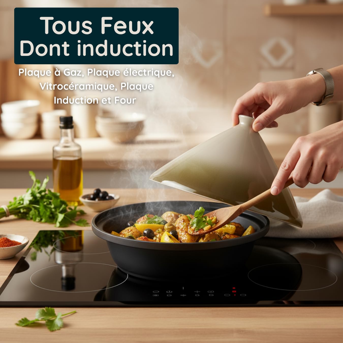 Tajine Induction Tous Feux Diamètre 30 cm - Revêtement antiadhésif - Couvercle Céramique – Fonte d’Aluminium – Marmite, Casserole, Plat pour une Cuisine Orientale Traditionnel