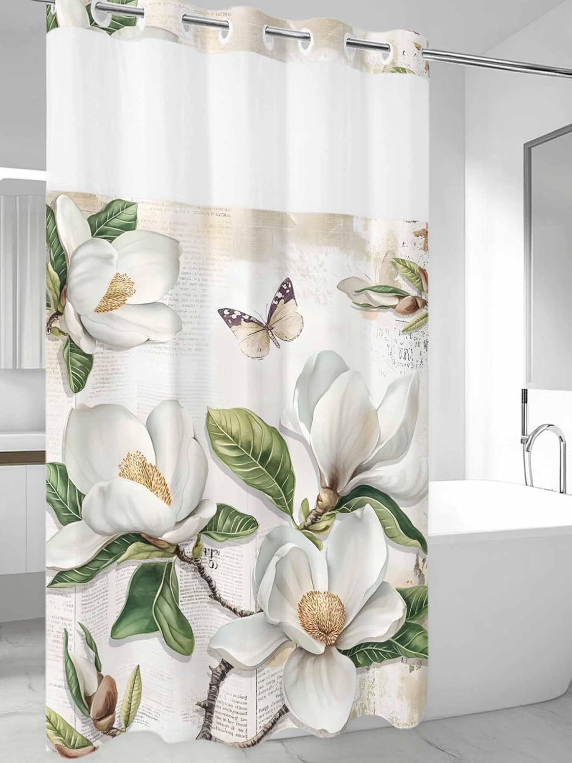 Watercolor Magnolia Floral No Hook Shower Curtain with Snap in Liner Set,Vintage Farmhouse Flower Butterfly Waterproof Fabric Shower Curtains with See Through Top Window for Bathroom,36Wx72L