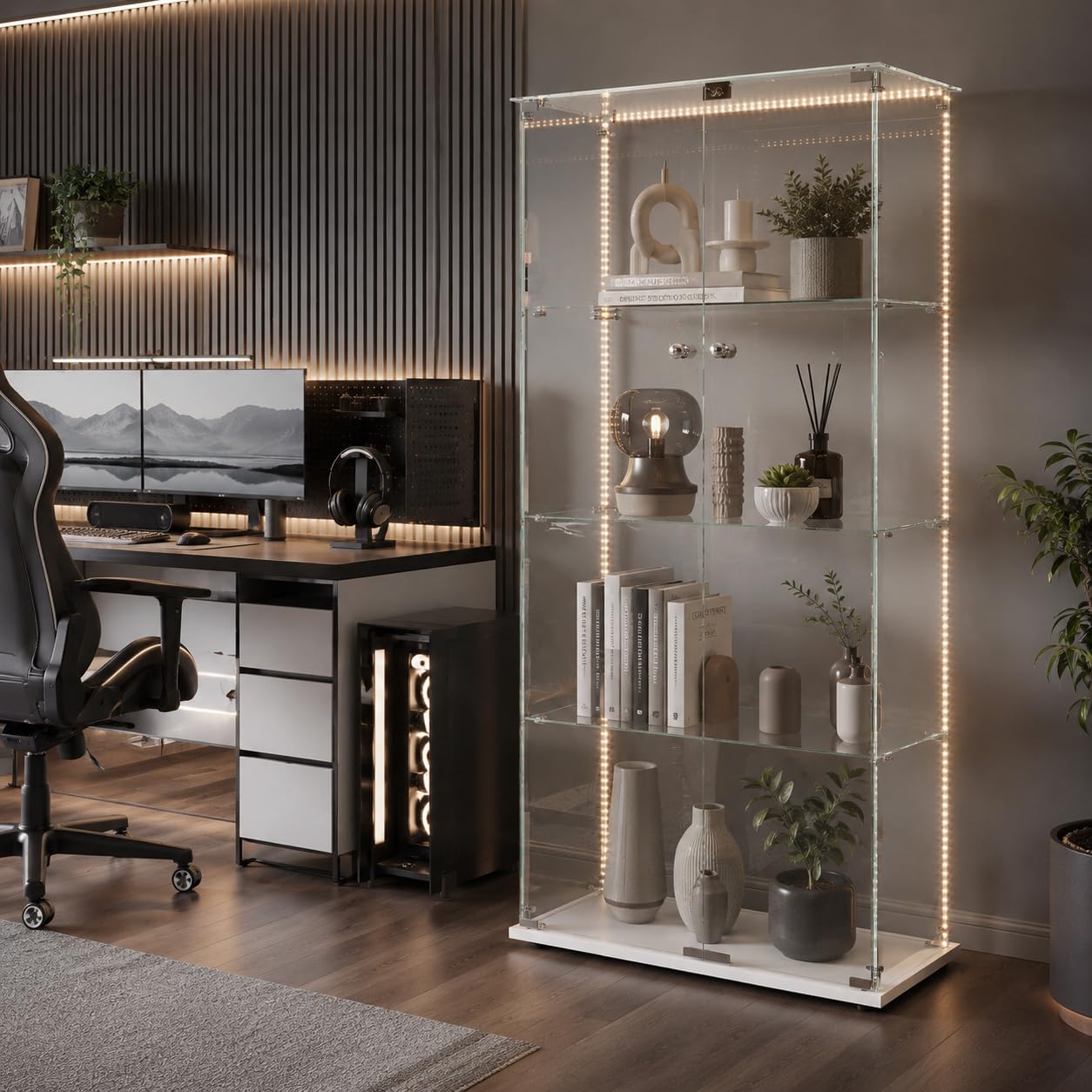 Vitrina de Cristal con LED y Cerradura, Armario Vitrina 78,5 x 35 x 163 cm, Vitrinas de Exposición de 4 Niveles con Estantes Regulables, Mueble Vitrina para Salón, Oficina, Figuras y Libros,Blanco-D