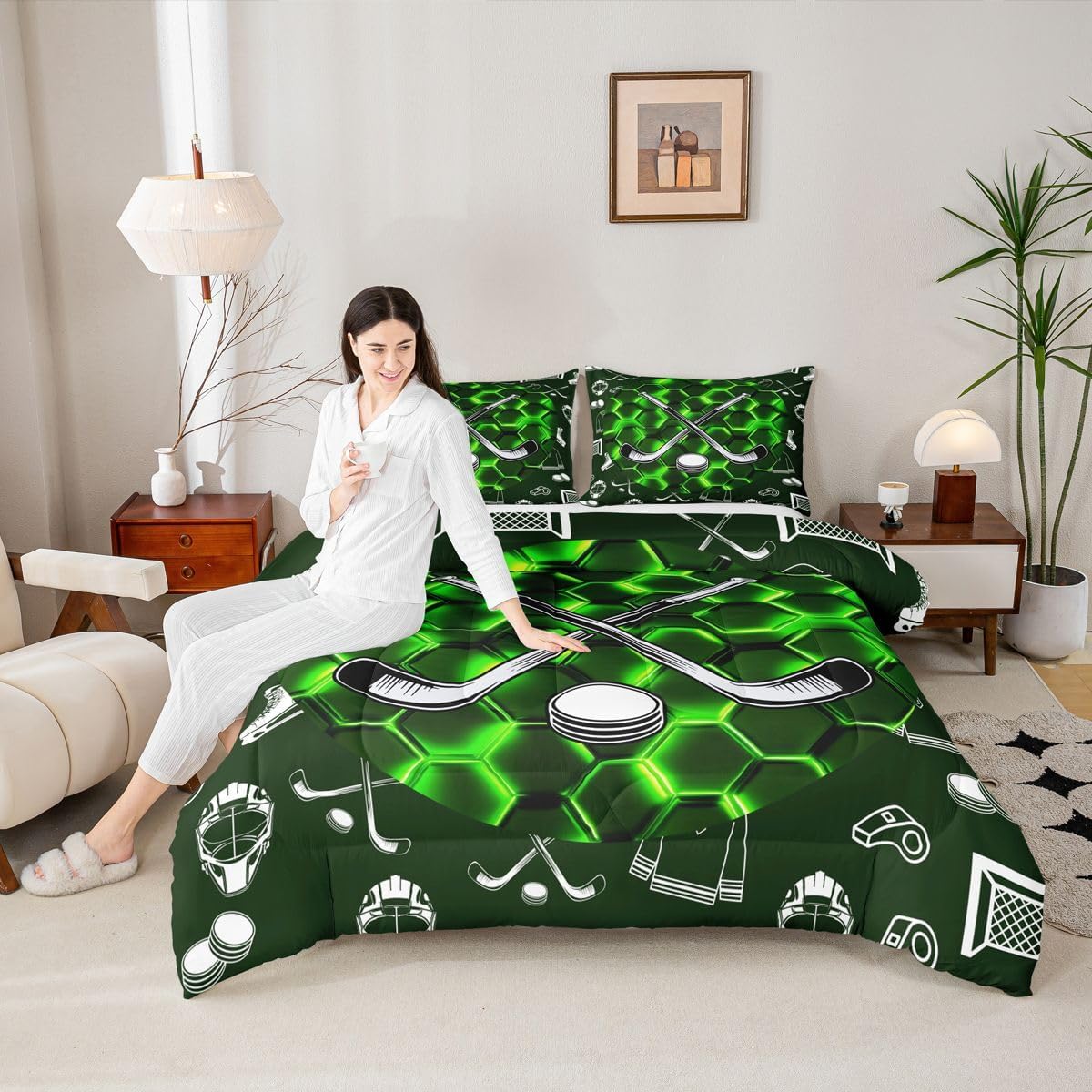 Boys Black White Green Neon Bedding Set Queen Size Sports Ice Hockey Comforter Set For Teen Men Kids Geometric Honeycomb Duvet Insert Winter Hockey Quilt Set Hexagonal Beehive Decor,2 Pillow Cases