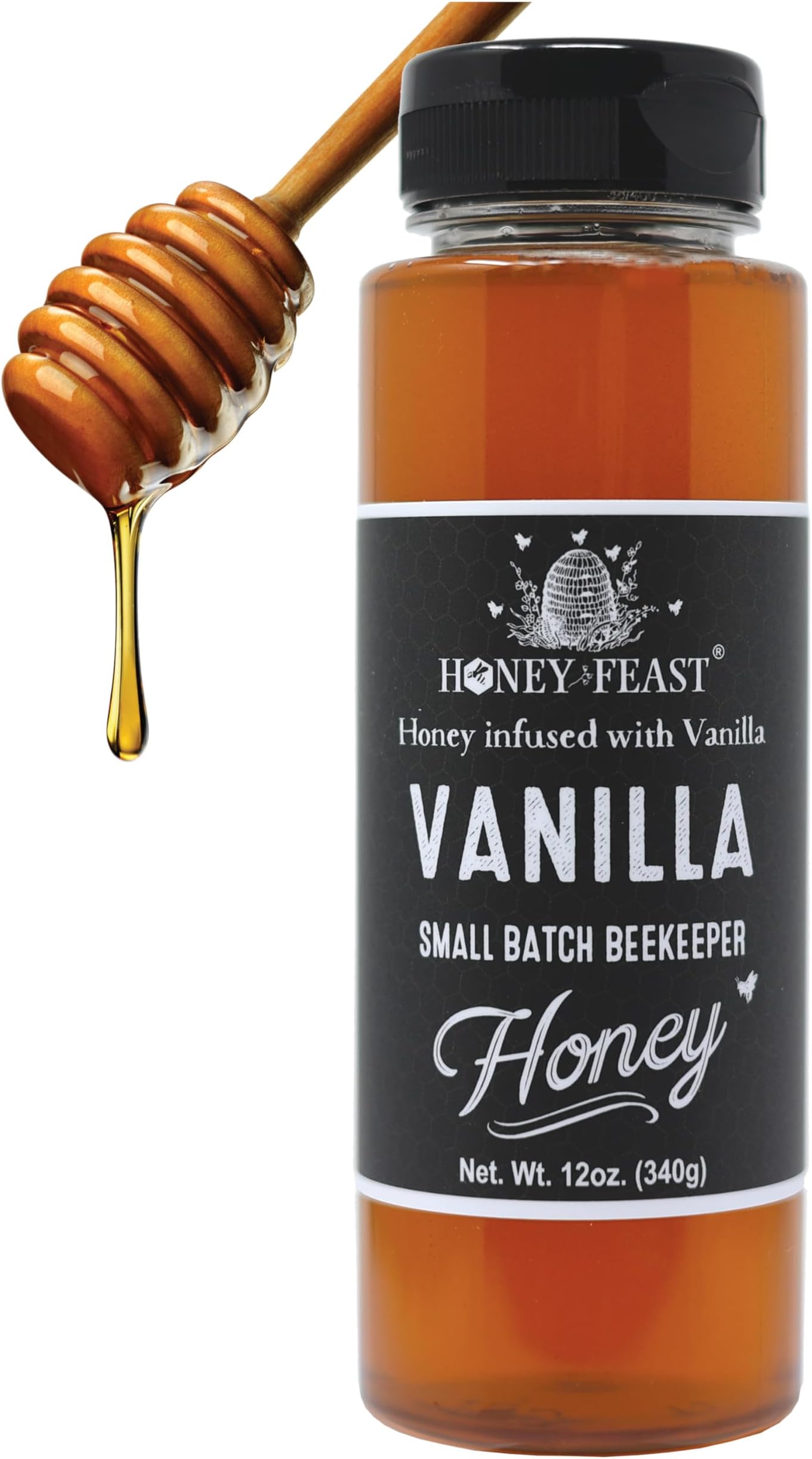 HONEY FEAST Raw Vanilla Honey | 12 Ounces | Unfiltered and Pure | Cold packed and hand poured in Florida, USA