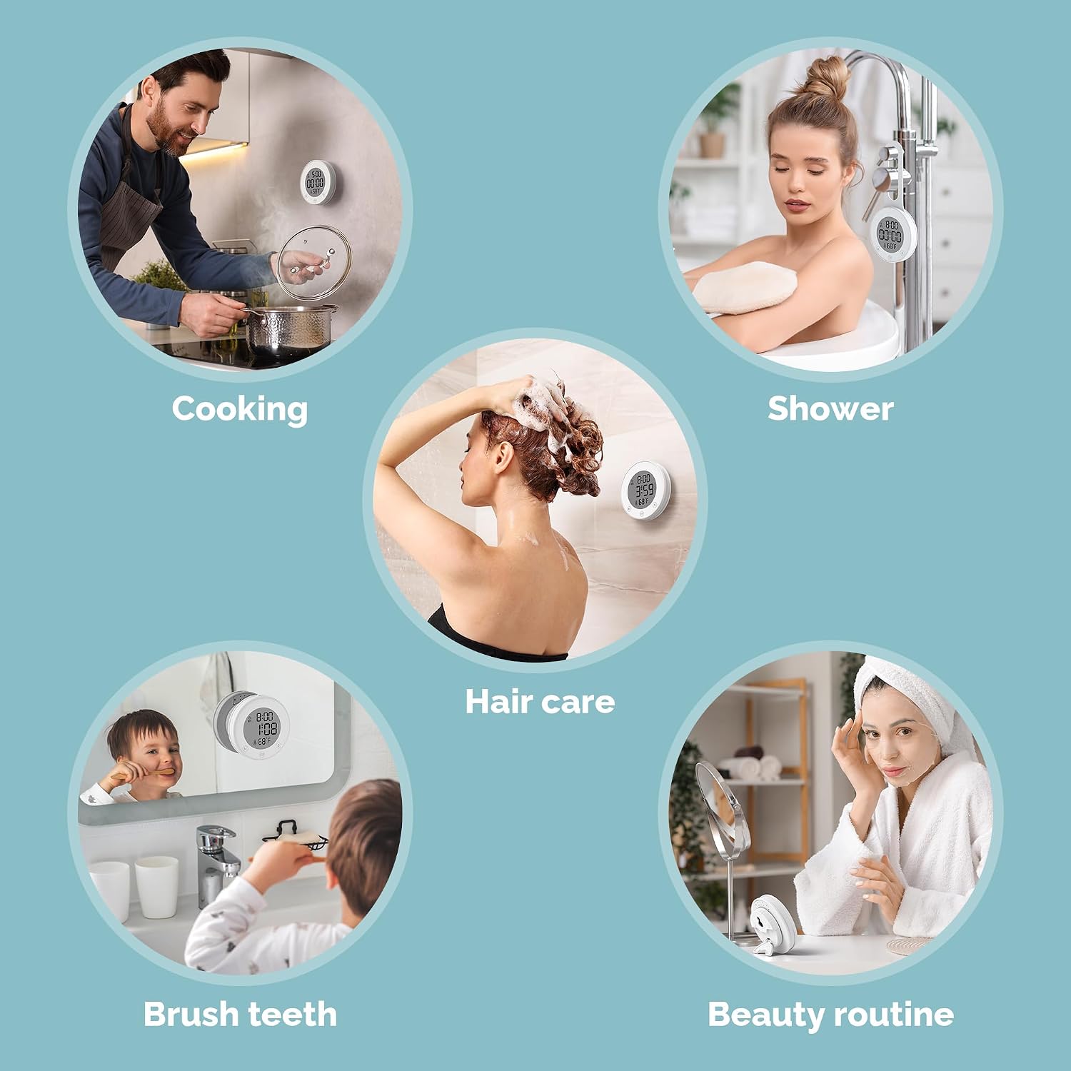 KADAMS Shower Timer Clock Waterproof Bathroom Timer – Digital Wall Clock with Countup & Countdown, Magnetic Kitchen Clock with Temperature, Suction Cup for Kids Shower Spa Cook Bath (Peal)