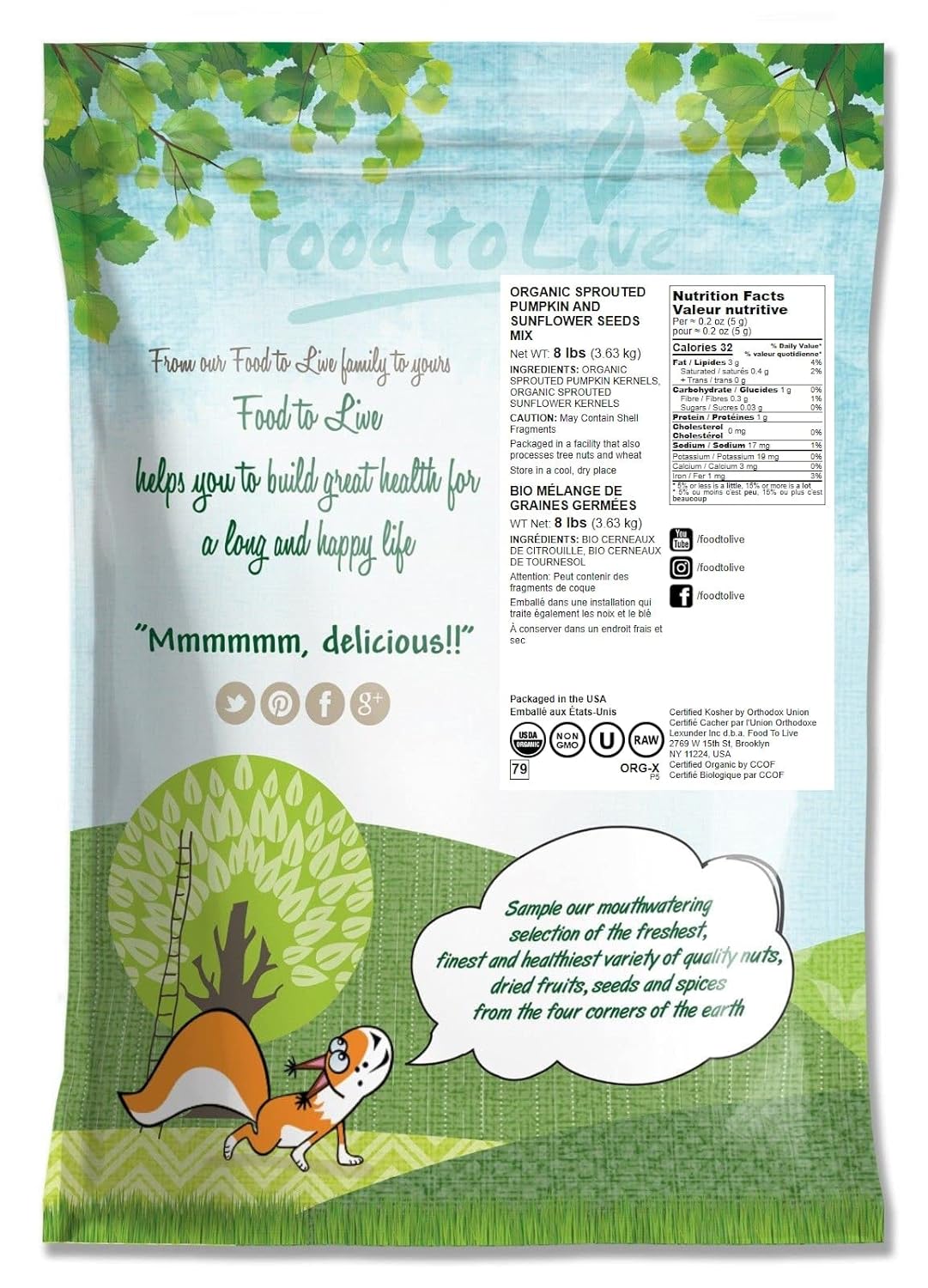 Food to Live Organic Sprouted Seeds Mix, 8 Pounds — Raw & Non-GMO Snack Mix Contains Sprouted Pumpkin and Sunflower Seeds. Vegan Superfood, Kosher, Bulk