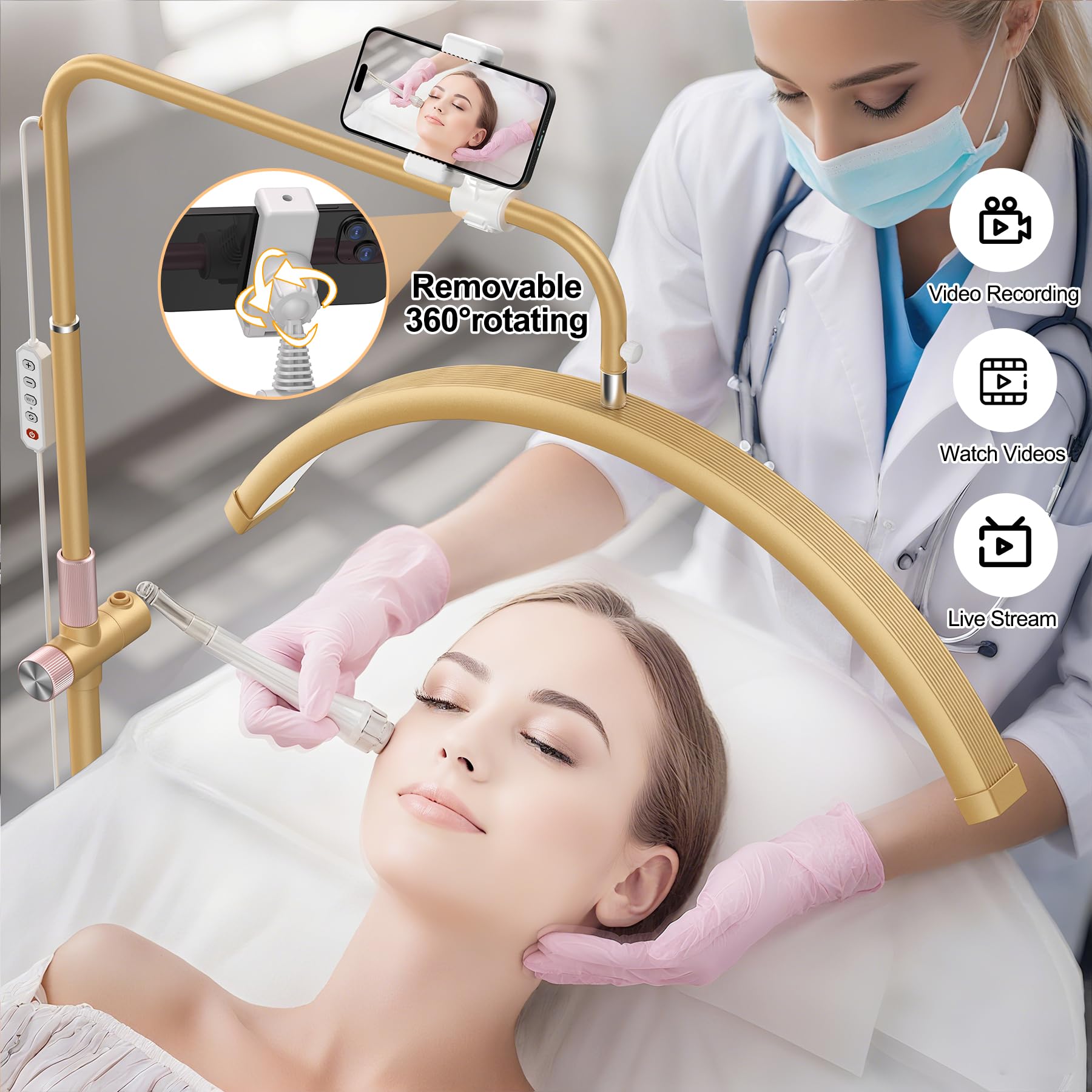 AURELLE Halbmond-Wimpern-Licht – verstellbare LED-Boden-Lampe mit 4-facher Lupe und Handy-Halterung für Wimpernverlängerungen, Nagelkunst, Tattoos, Hautpflege, Salon, SPA, dimmbare Helligkeit