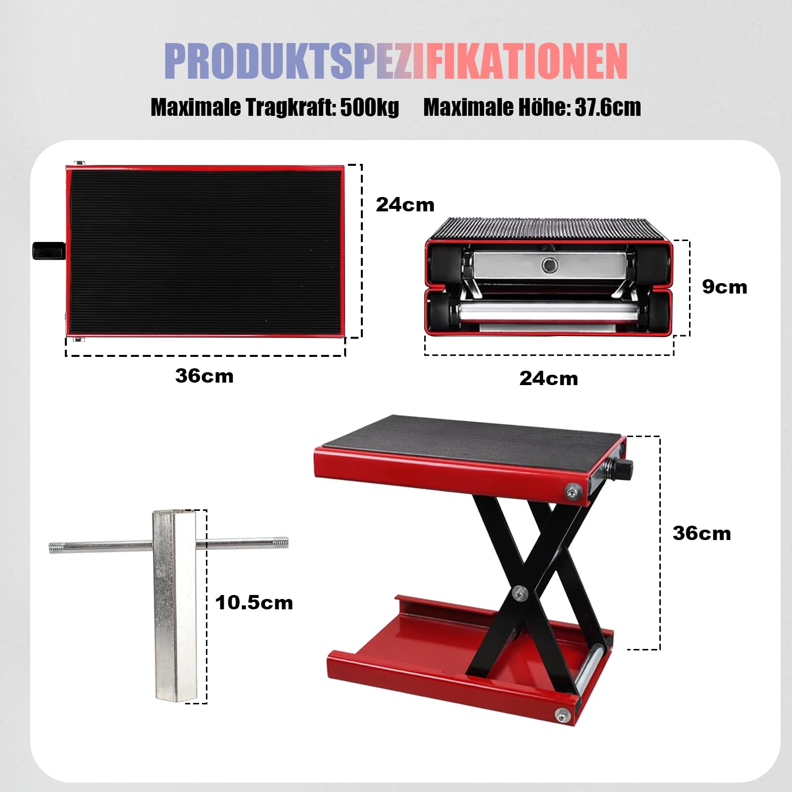 Sollevatore per moto – Piattaforma larga meccanismo di sollevamento a forbice, altezza di sollevamento 8,5 cm – 34 cm, portata 500 kg, per moto, biciclette, fuoristrada