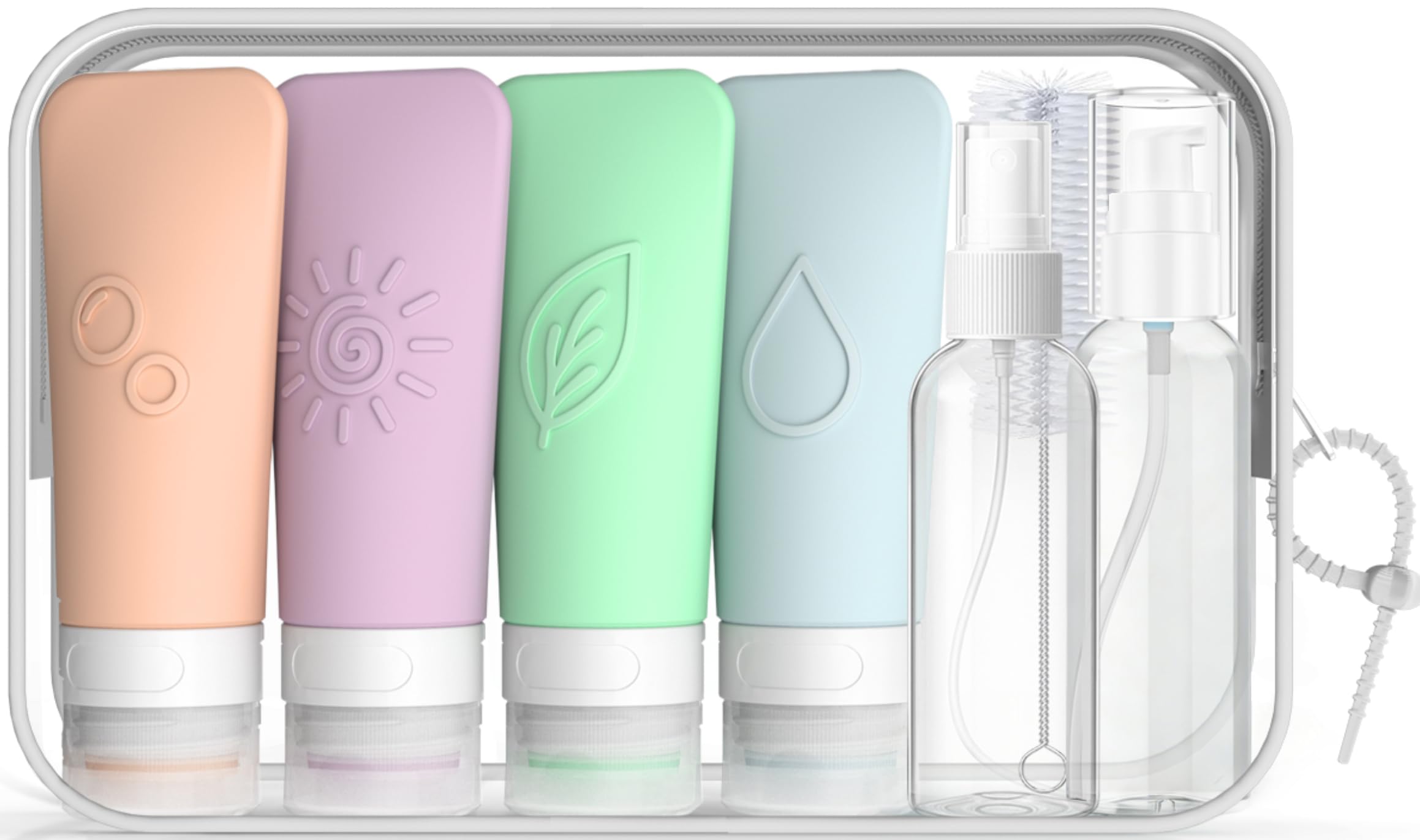 KLKE 16-Piece Silicone Travel Bottles Set – TSA Approved Leakproof Toiletry Kit with Flat Easy-Squeeze Bottles, Pump & Spray, Waterproof Bag