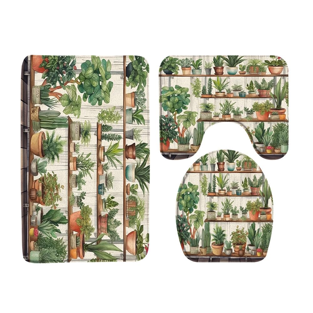 VPUPCN Potted Plants 3 Pcs Bath Rugs Set,Green Cactus Leaf Tropical Succulent Plant Boho Floral Botanical Greenhouse Bathroom Kitchen Rug with 16