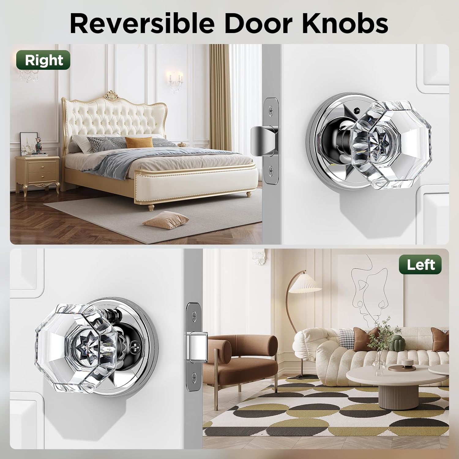 1 Pack Crystal Door Knob, Octagon Shaped Glass Door Knobs Interior with Lock, Polished Chrome Door Knobs Interior Glass