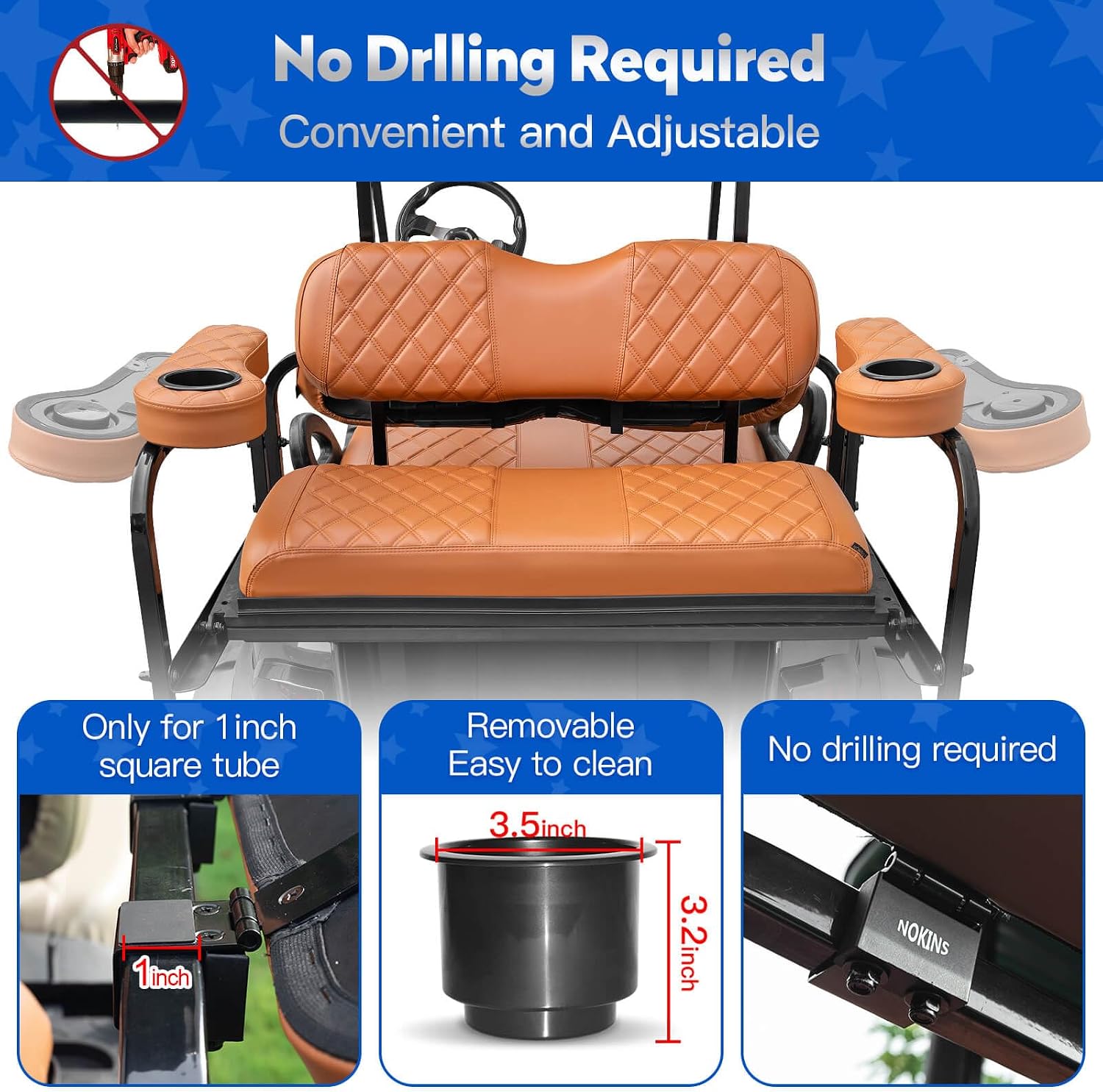 NOKINS Golf Cart Seat Covers for Club Car DS 2000.5-Up, Vinyl Front&Rear Seat Cover with Flip-Up Armrests kit, with Cup Holder, for 1" Square Tube (All Brown)
