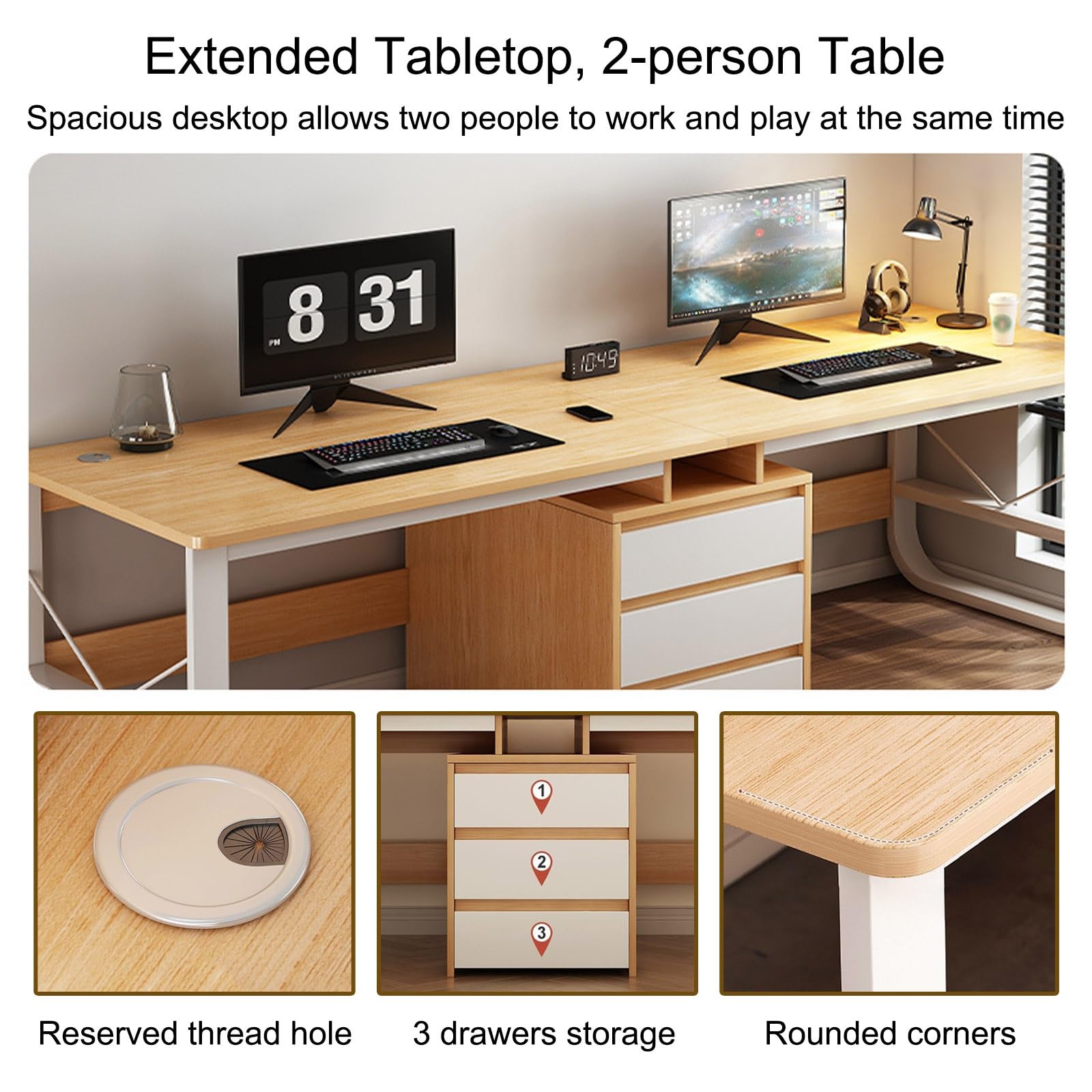 Podwójne biurko robocze dla 2 osób, nowoczesne, długie biurko do pisania i gier, eleganckie meble do biura domowego, ergonomiczna konstrukcja, trwałe drewno, idealne do współpracy