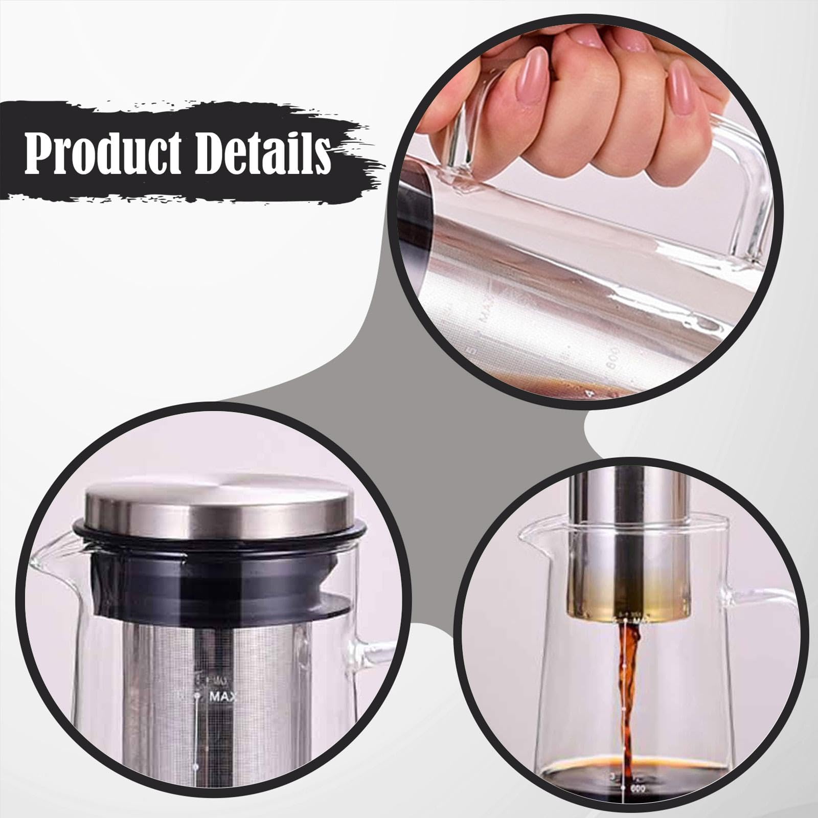 Gralara Macchina per caffè Freddo, caraffa in Vetro, infusore per tè con beccuccio per Bevande a Base di Succo di Frutta e tè, 1000 Ml 23x10.5 Cm