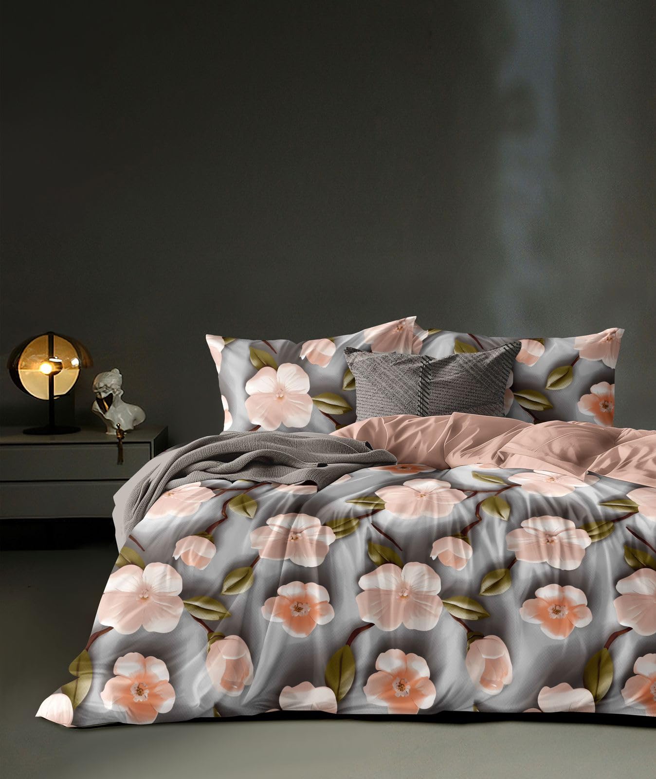 Sky Tex Grey Color 7D Floral Printed 300 TC Glace Cotton Super King Size Double Bed Duvet Cover with Zipper (Can Be Used as Duvet Cover as Well as Top Sheet)-image-38