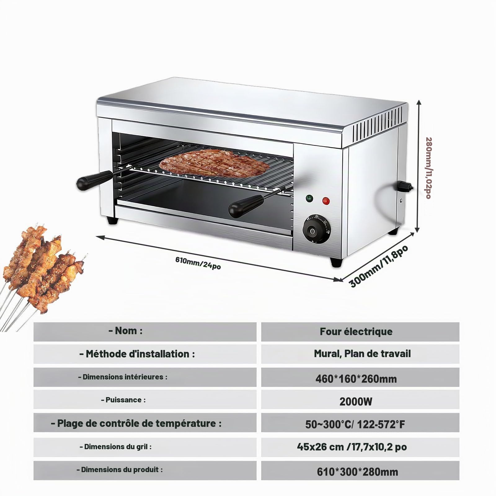 Four Salamandre Électrique Professionnel avec Thermostat, Puissance De 2000 W, Grille Réglable pour Une Cuisson Parfaite, pour Les Pizzas, Les Poulets Rôtis Et Les Steaks