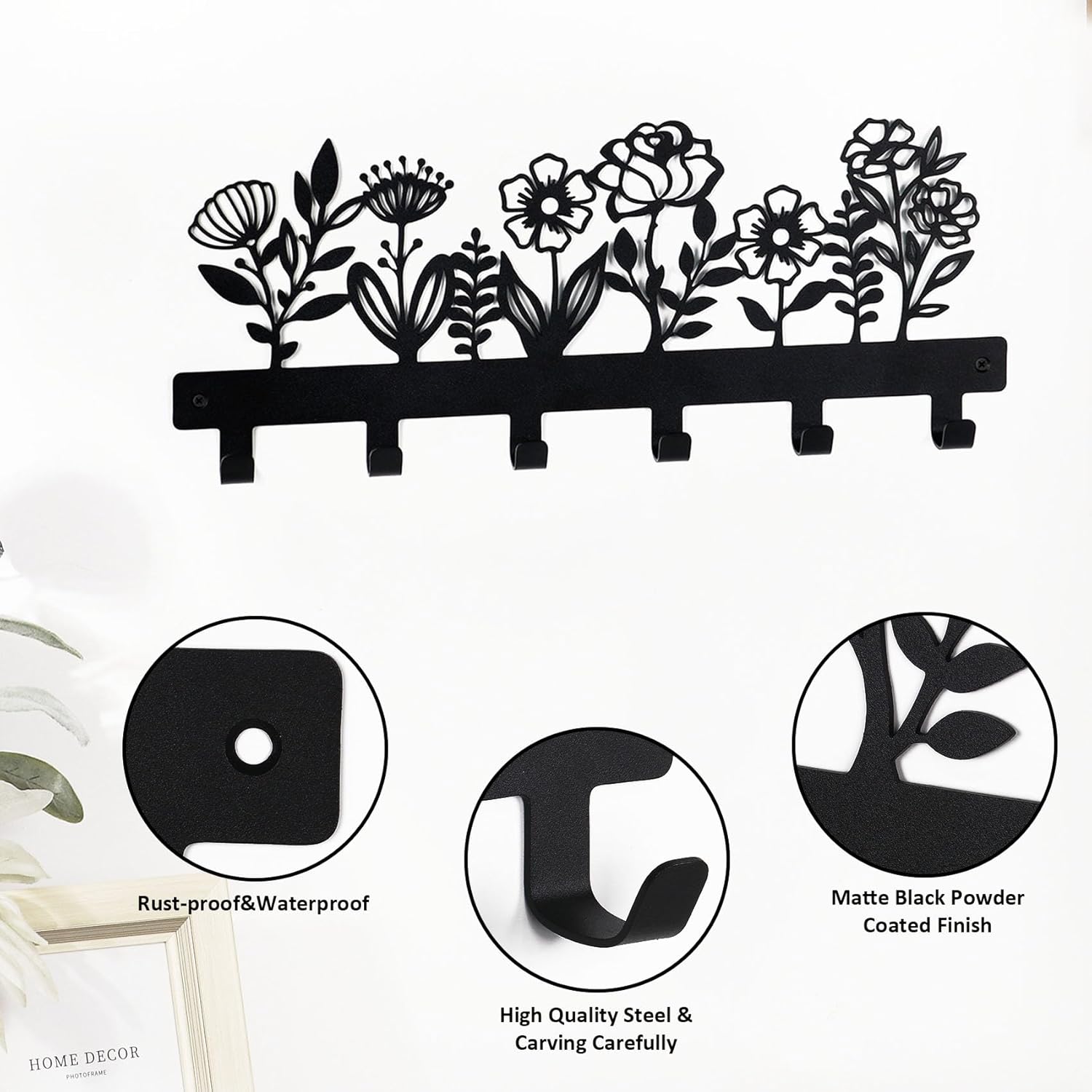 16 Inches Towel Rack Wall Mounted with 6 Hooks, Black Metal Key Hanger Keychain Holder for Entryway Front Door Hallway Mudroom, Waterproof Rustproof Kitchen Bathroom Organizer Home Decor - Image 4