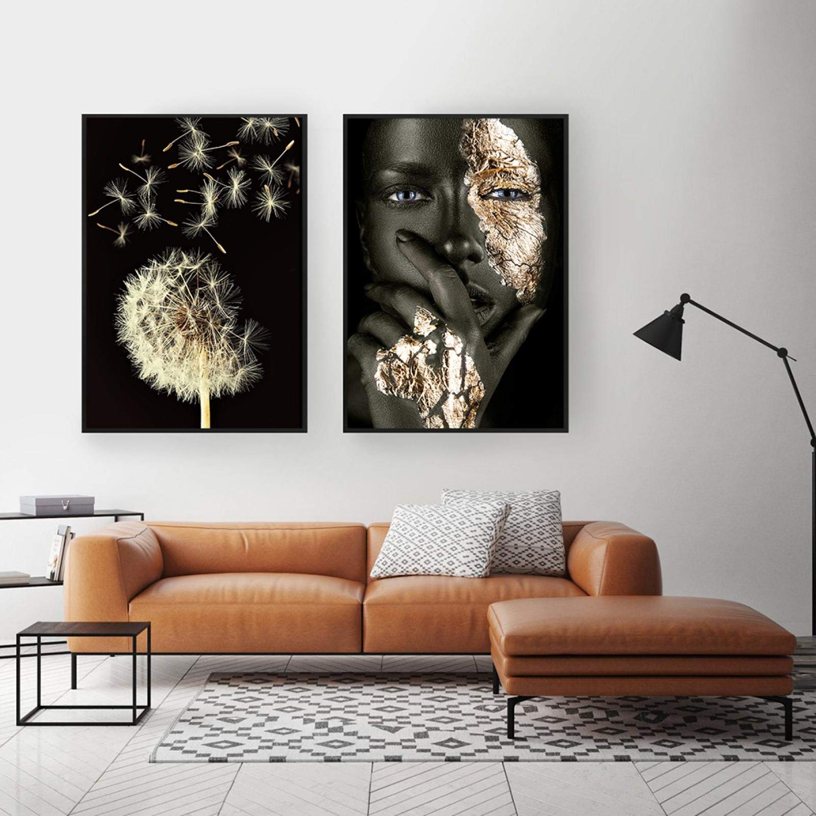 Cuadros de arte de pared de lienzo de flor de diente de león negro dorado dorado - impresiones de carteles de pintura para decoración de dormitorio de sala de estar 60x80cmx2 con marco