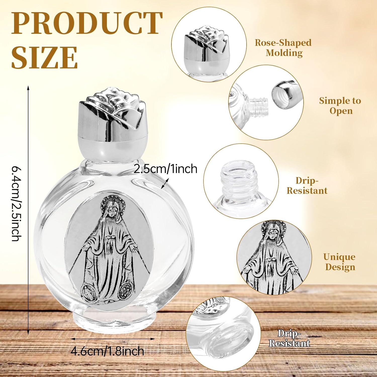 16 Pcs Glass Holy Water Bottles 0.5 Floz with Embossed Portable Little Bottle Glass Travel Empty Bottles Church Decorations for Girls Home Wedding Party Favors (Silver Virgin Mary Devotional)